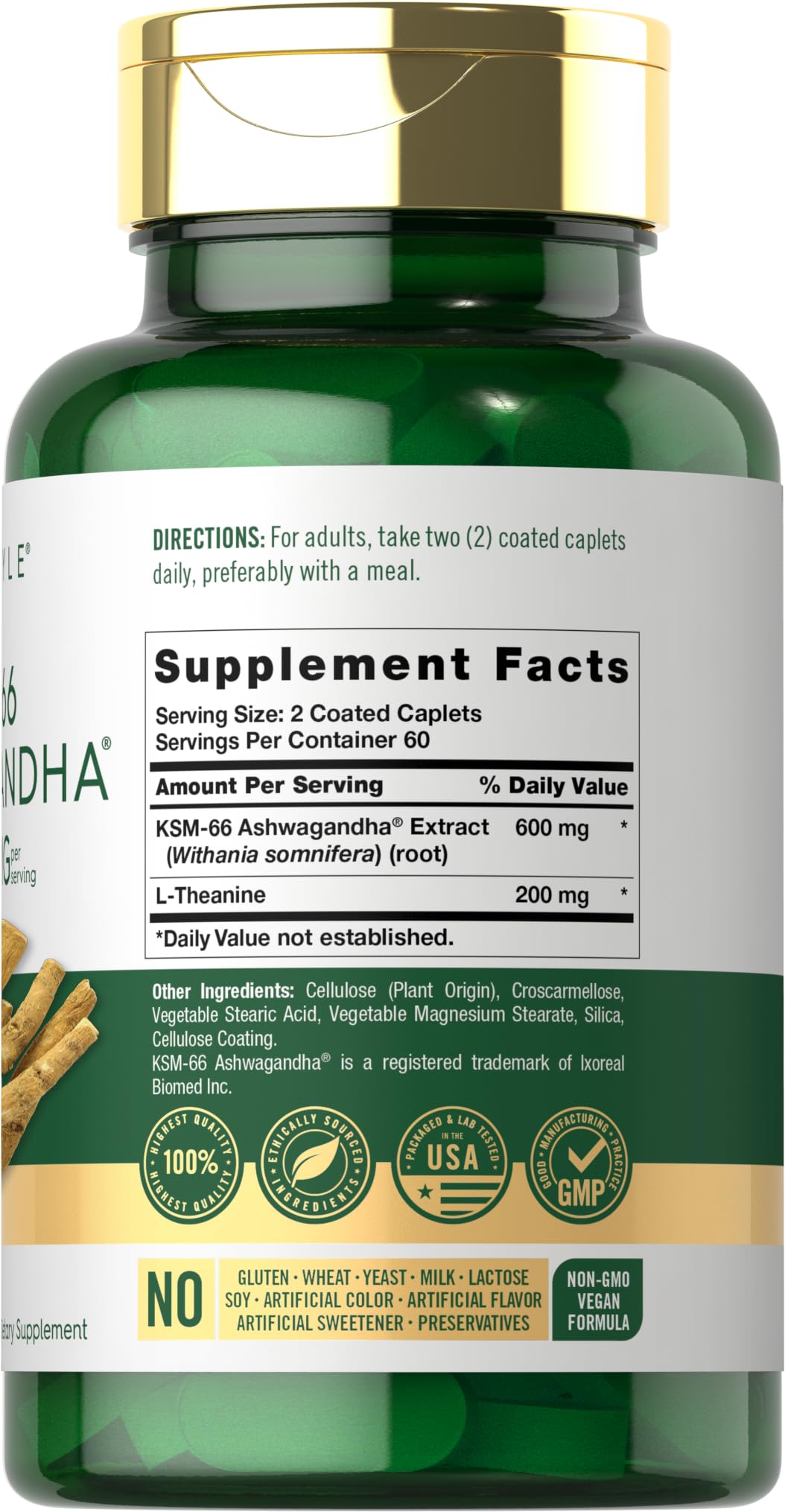 Carlyle KSM-66 Ashwagandha 600mg vegan capsules side view