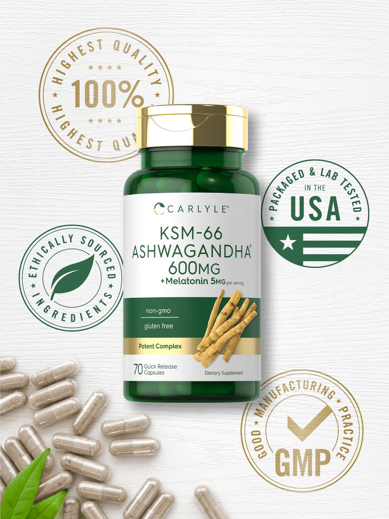 Carlyle KSM-66 Ashwagandha Capsules 600mg on a wooden table