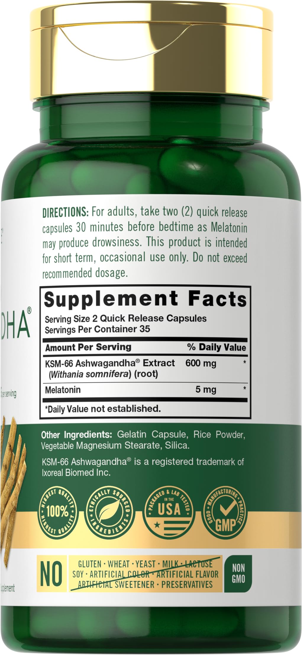 Carlyle KSM-66 Ashwagandha Capsules 600mg side view
