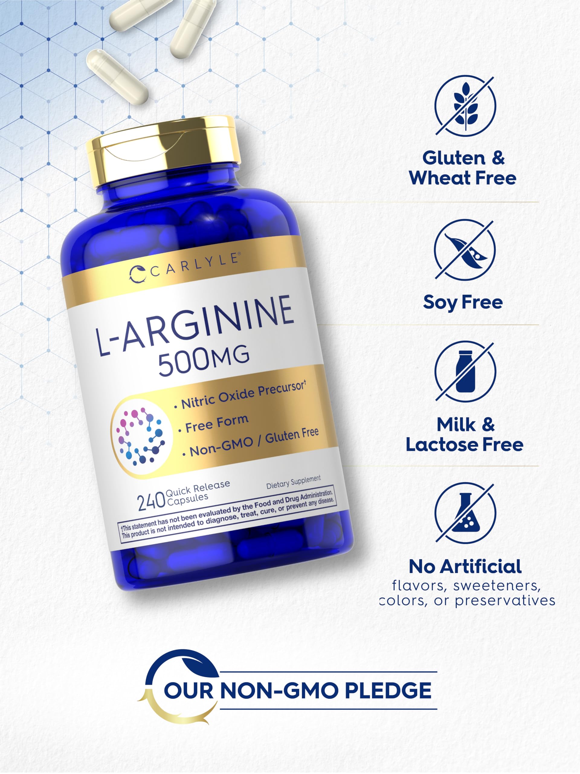 Carlyle L-Arginine 500mg capsules on a wooden table