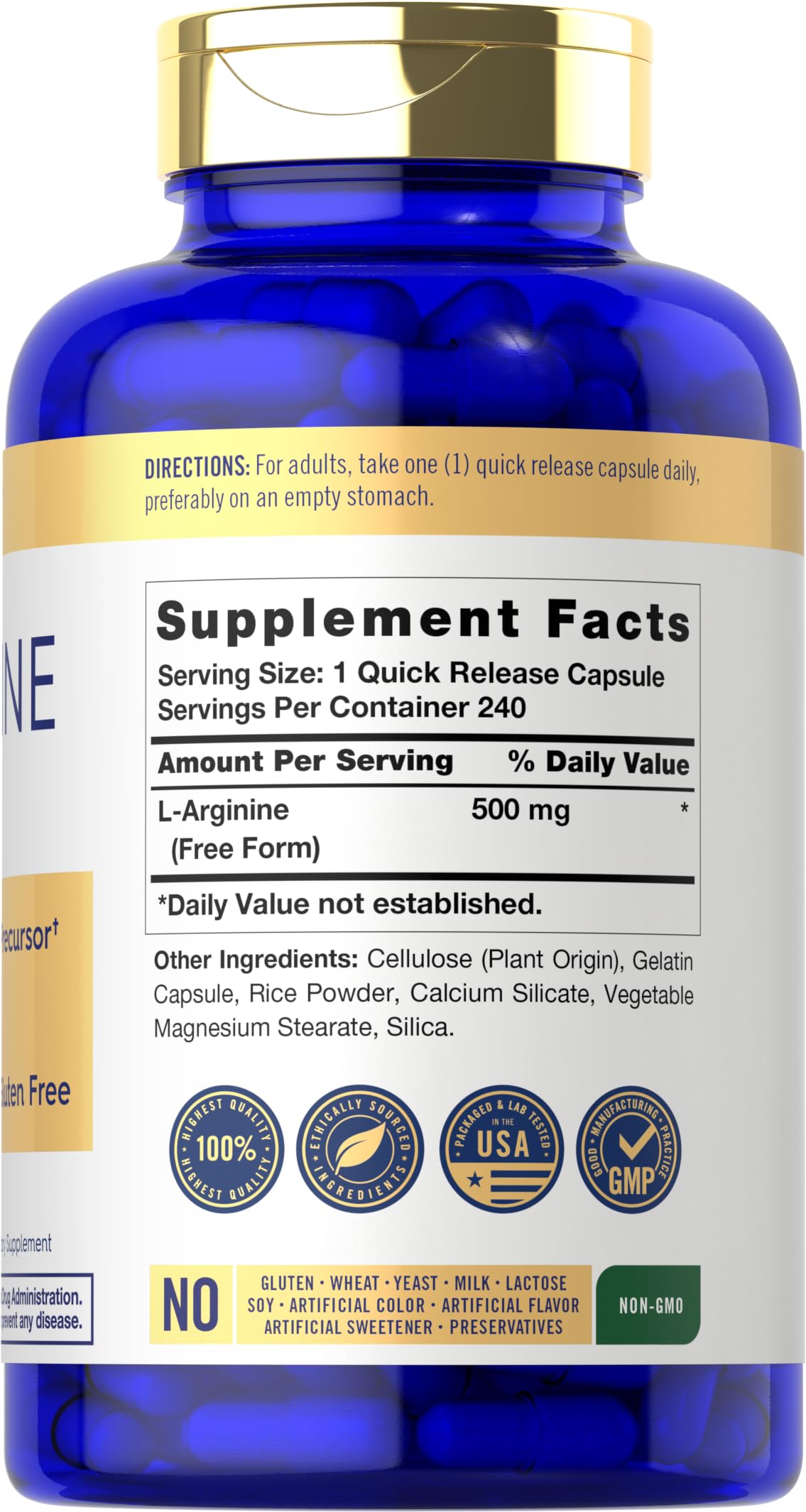 Carlyle L-Arginine 500mg capsules side view with label