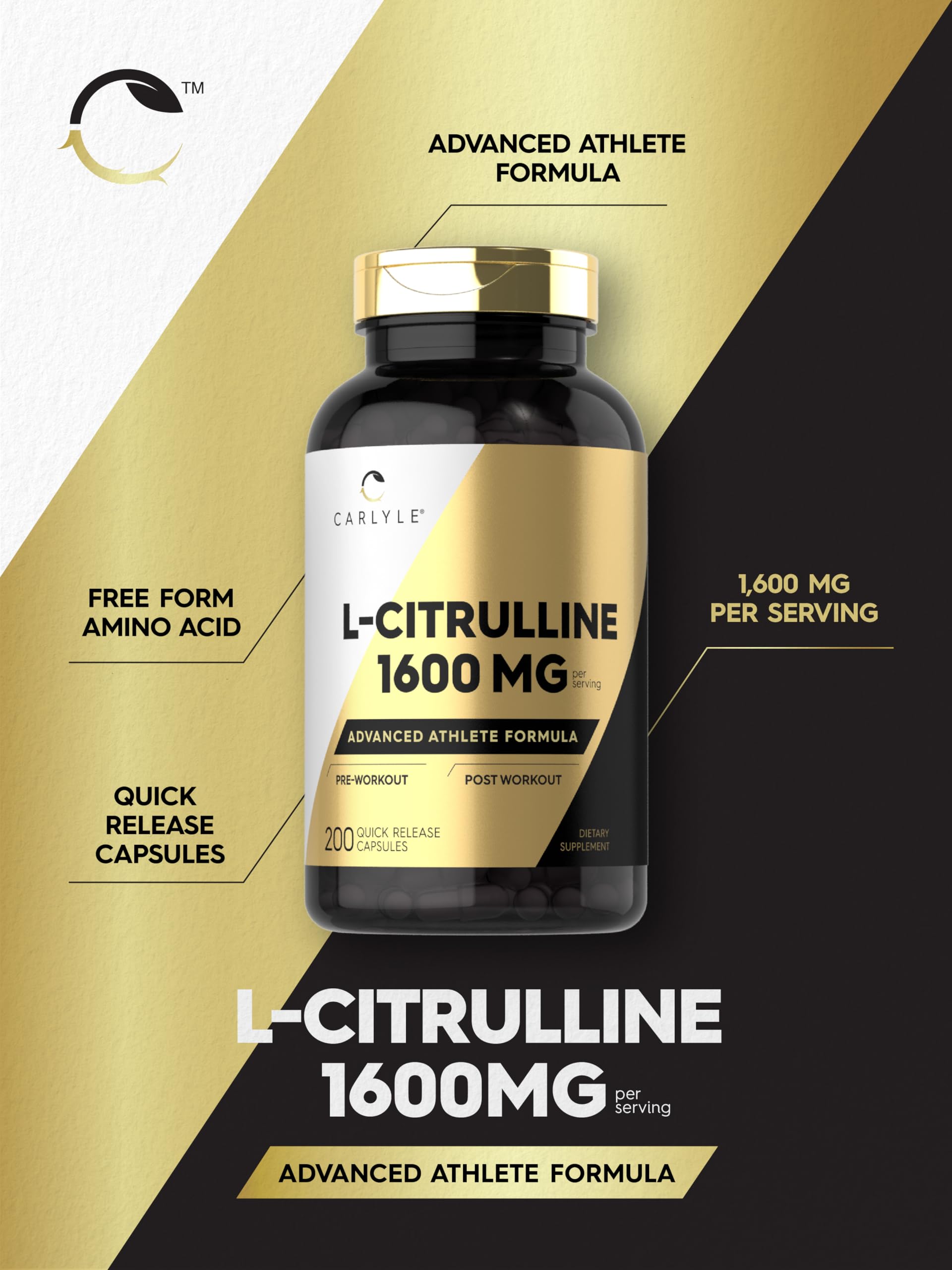 Carlyle L-Citrulline BCAA Supplement 1600mg bottle with label