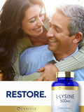 Carlyle L-Lysine 500mg caplets on a wooden surface