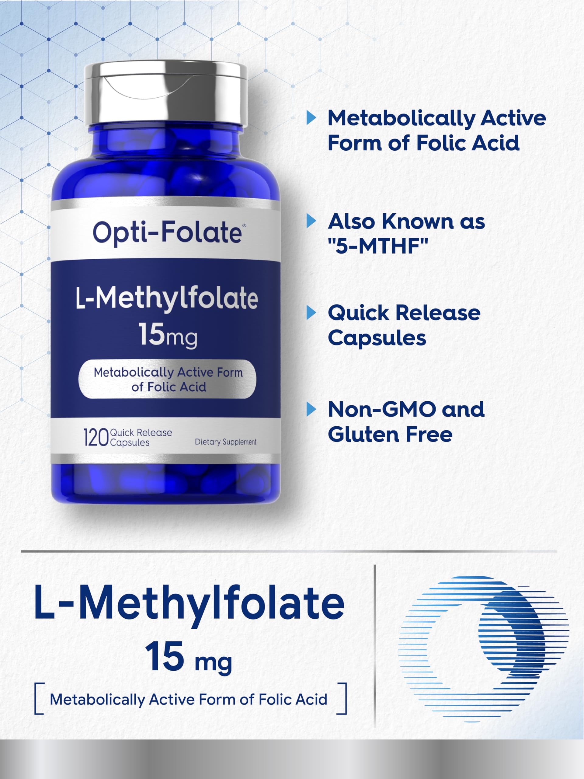Carlyle L-Methylfolate capsule bottle with a measuring spoon