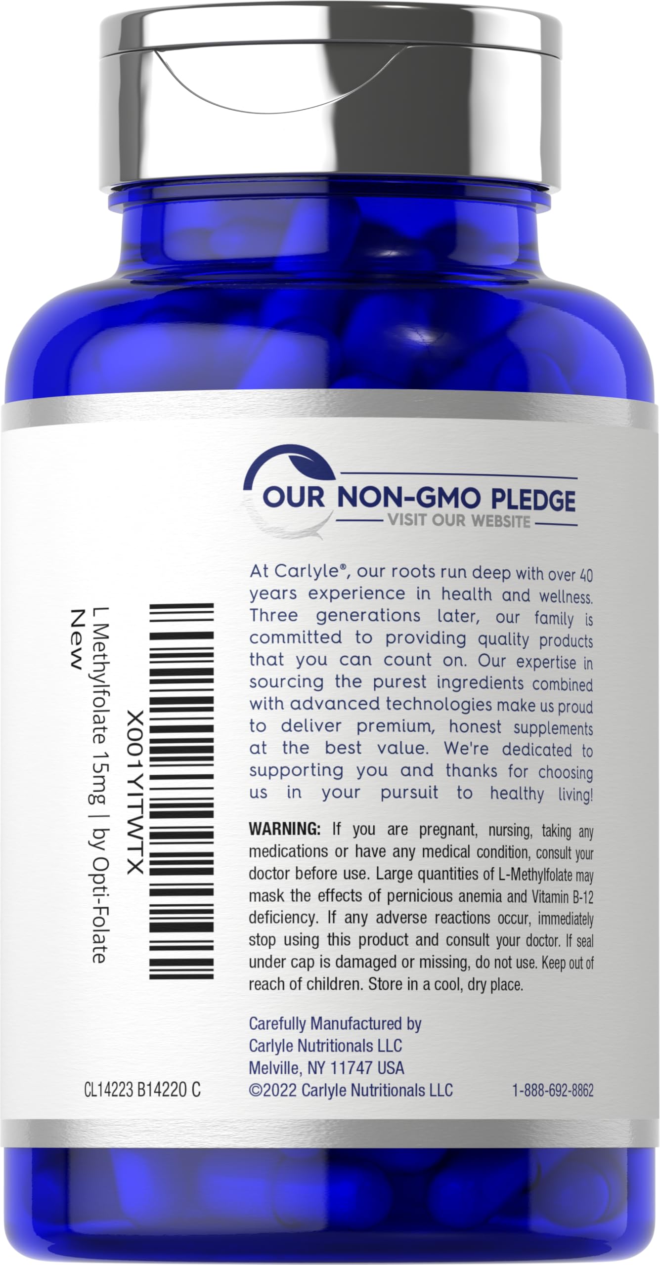 Carlyle L-Methylfolate capsules on a wooden surface