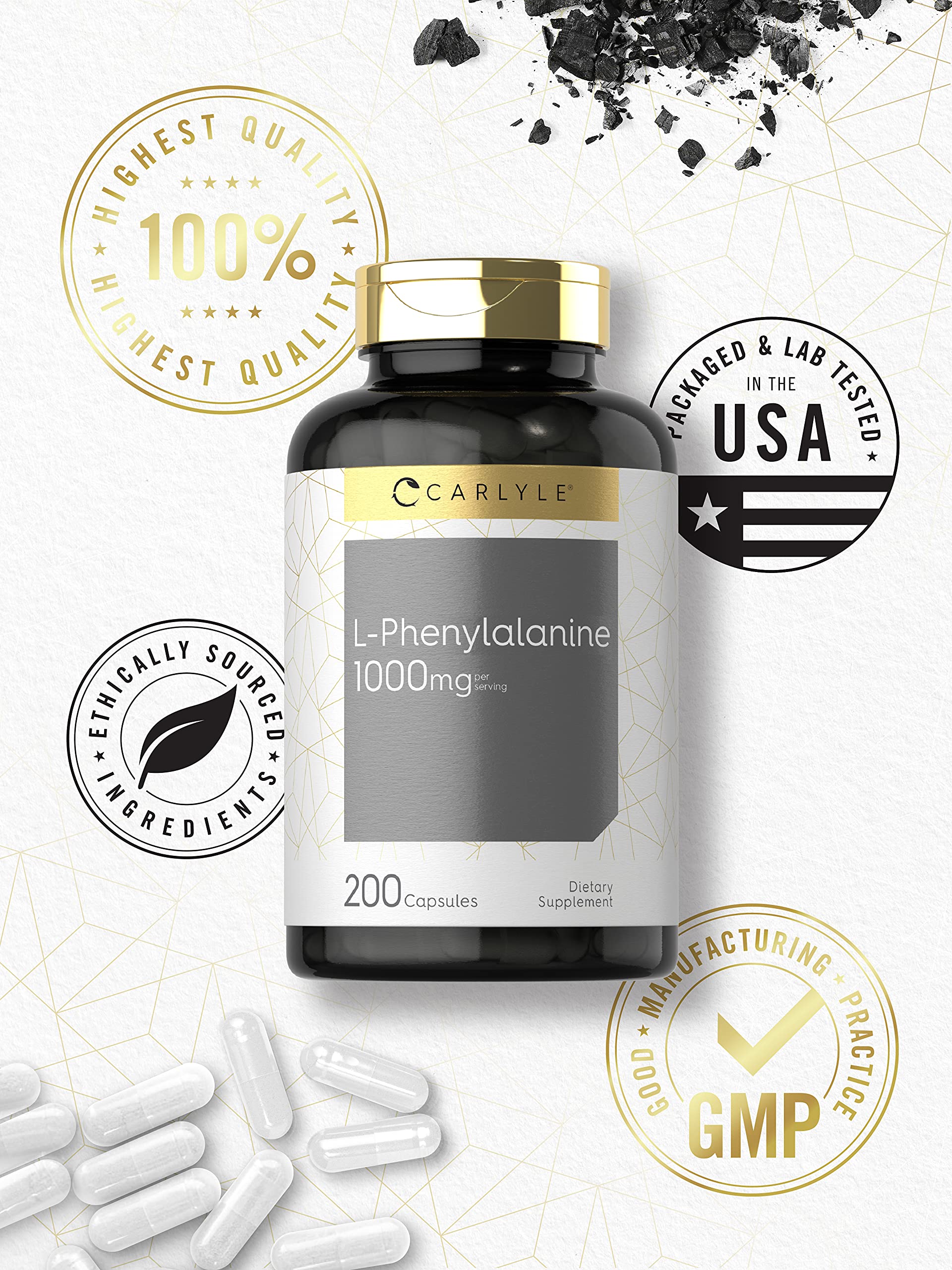 Carlyle L-Phenylalanine 1000mg capsules on a wooden table