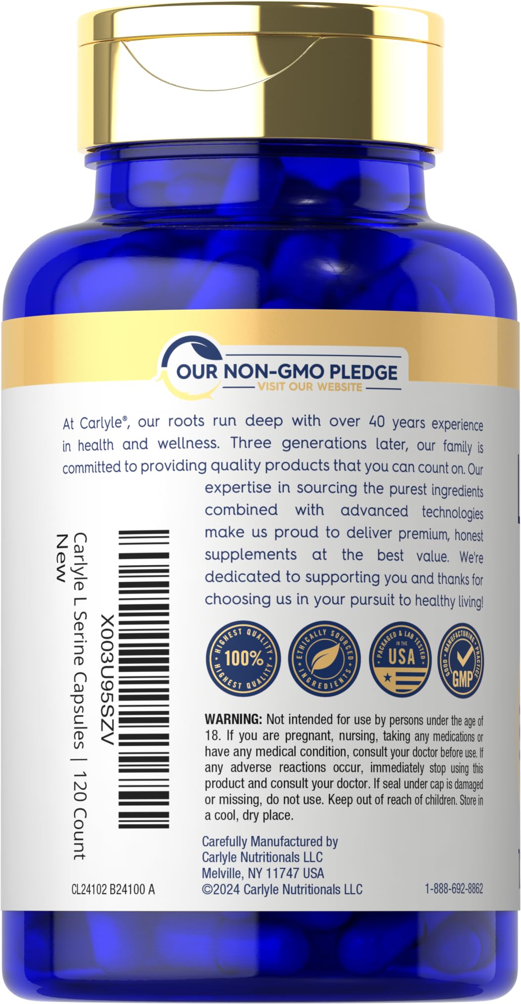 Carlyle L-Serine 500mg Quick Release Capsules bottle with label