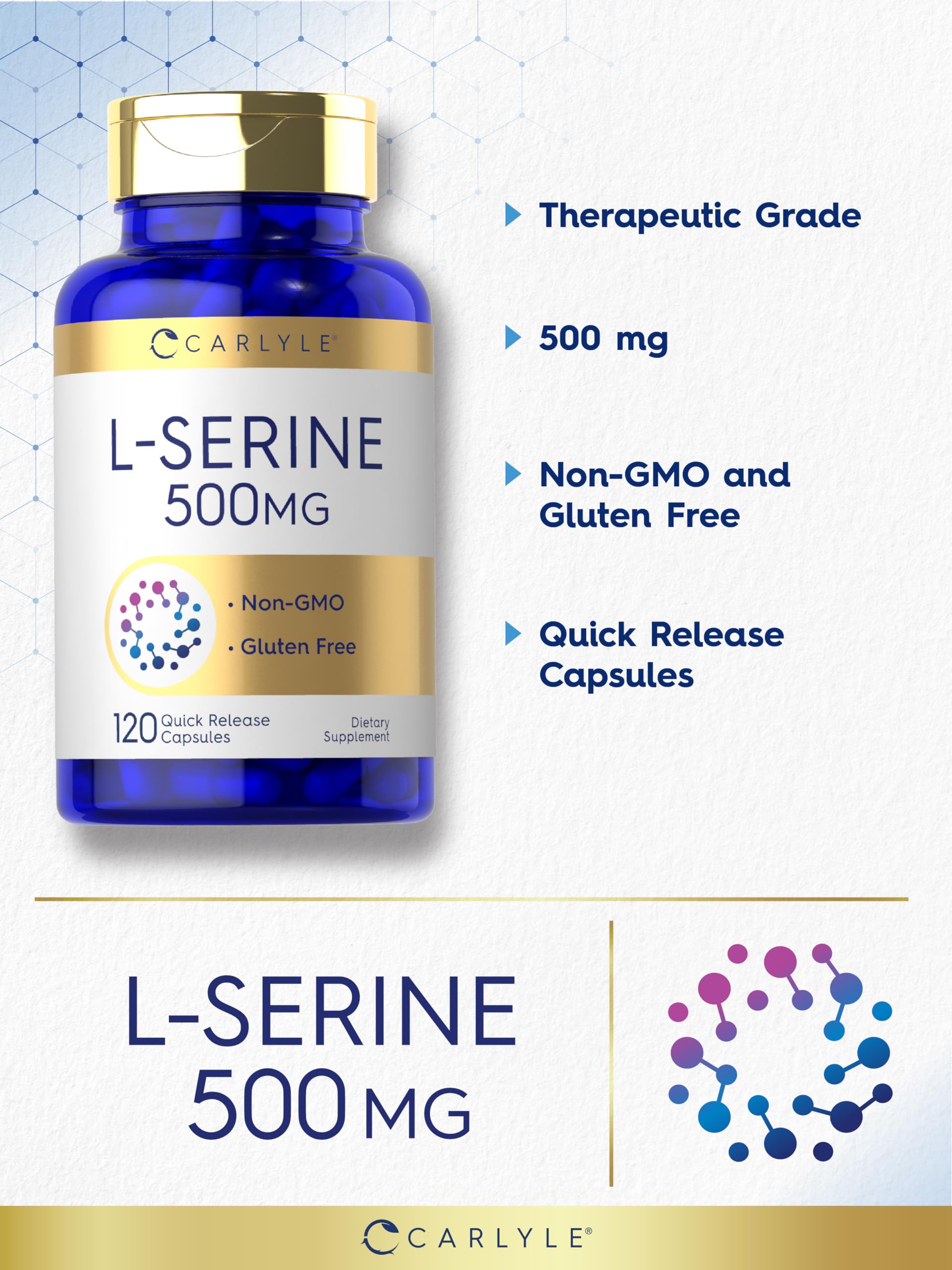 Carlyle L-Serine 500mg Quick Release Capsules capsules on a surface