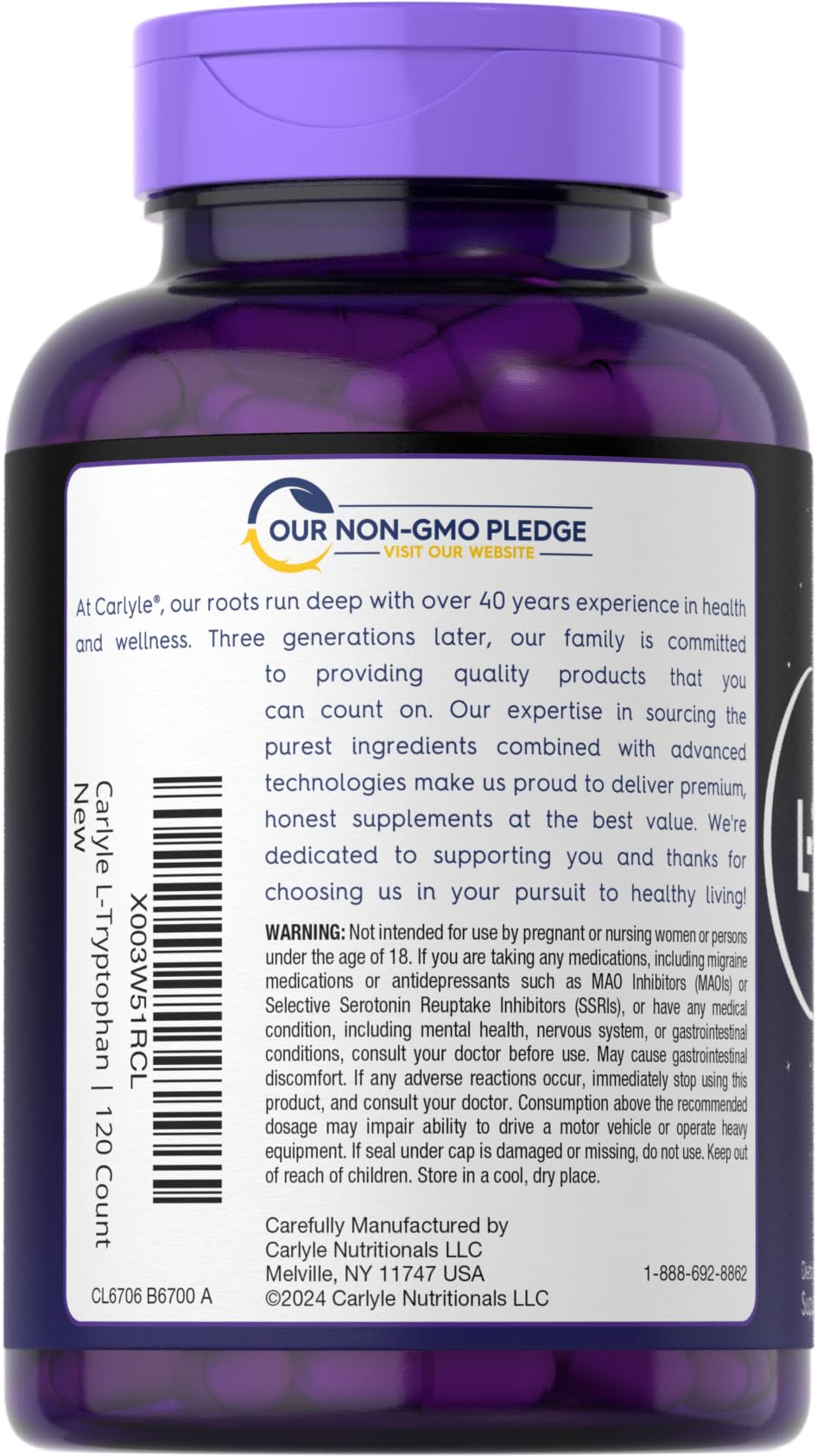 Carlyle L-Tryptophan 500mg capsule bottle with label