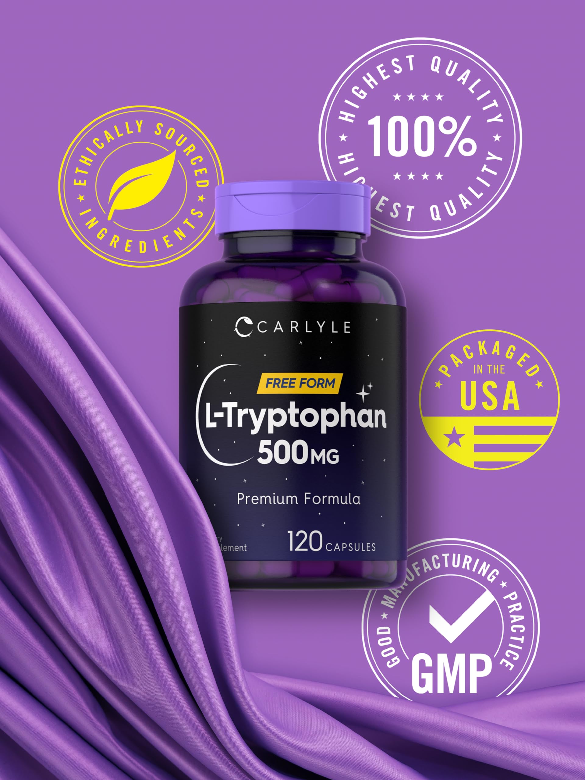 Carlyle L-Tryptophan 500mg capsules on a wooden table