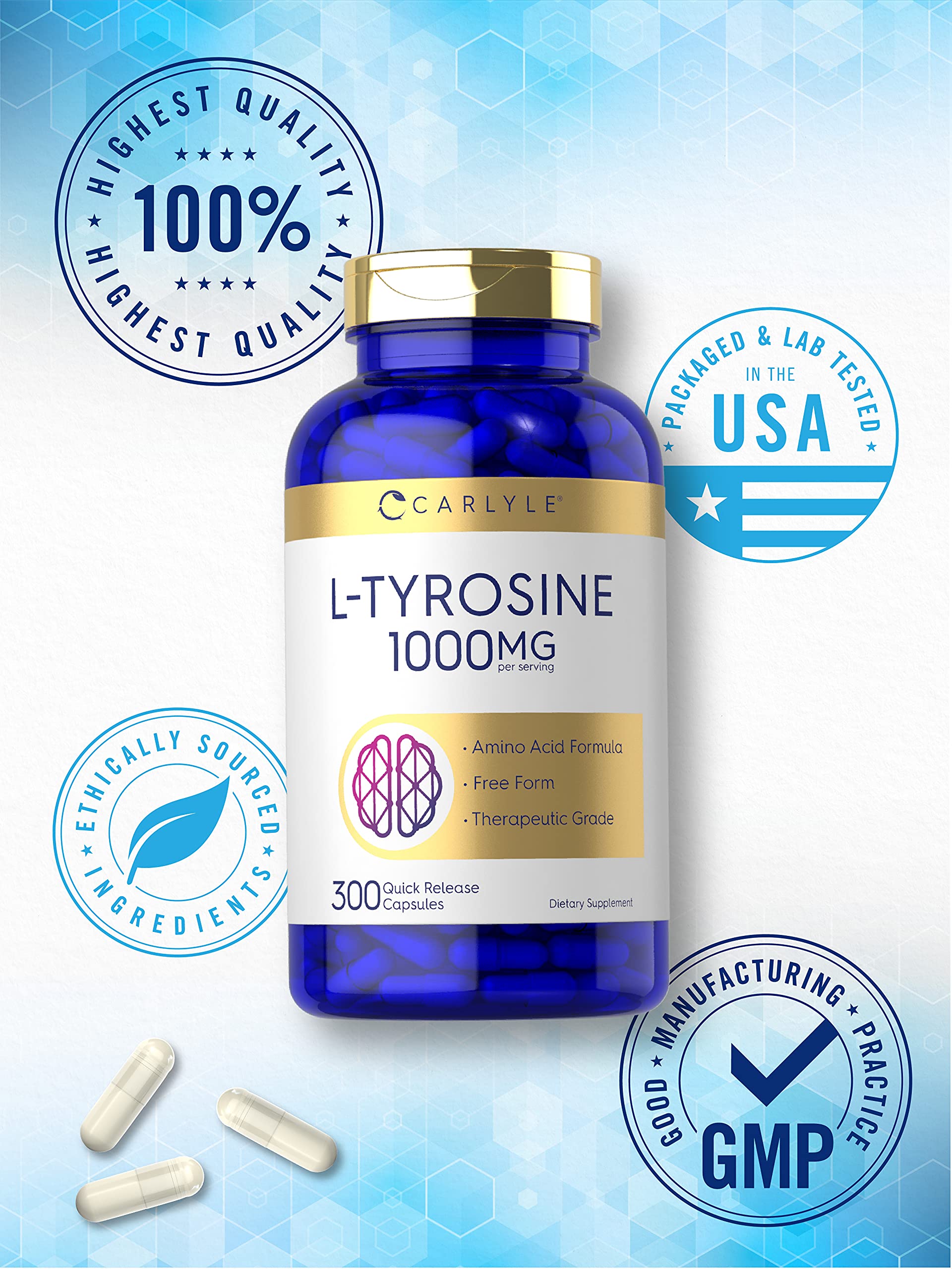 Carlyle L-Tyrosine capsules on a wooden table