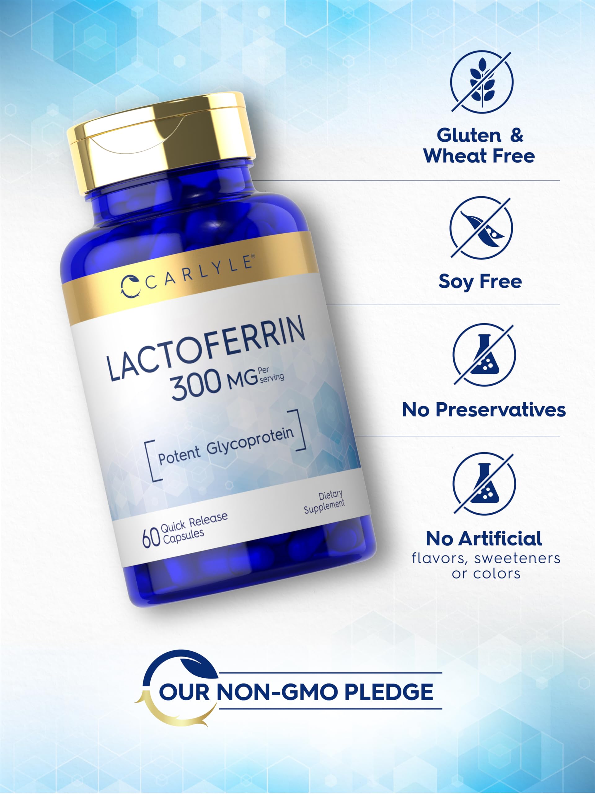 Carlyle Lactoferrin 300mg capsules on a wooden table