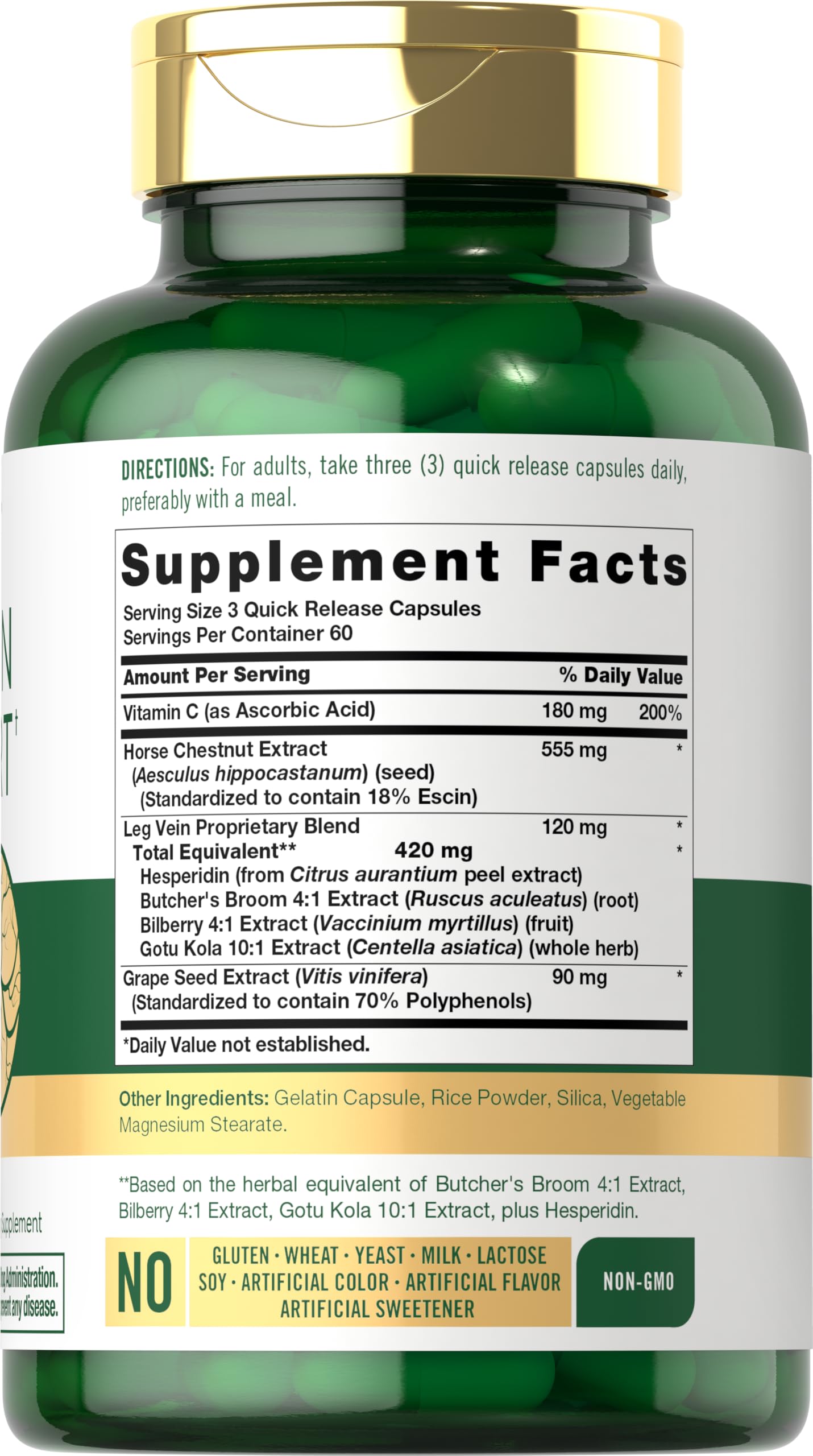 Carlyle Leg Vein Support Capsules side label showing ingredients