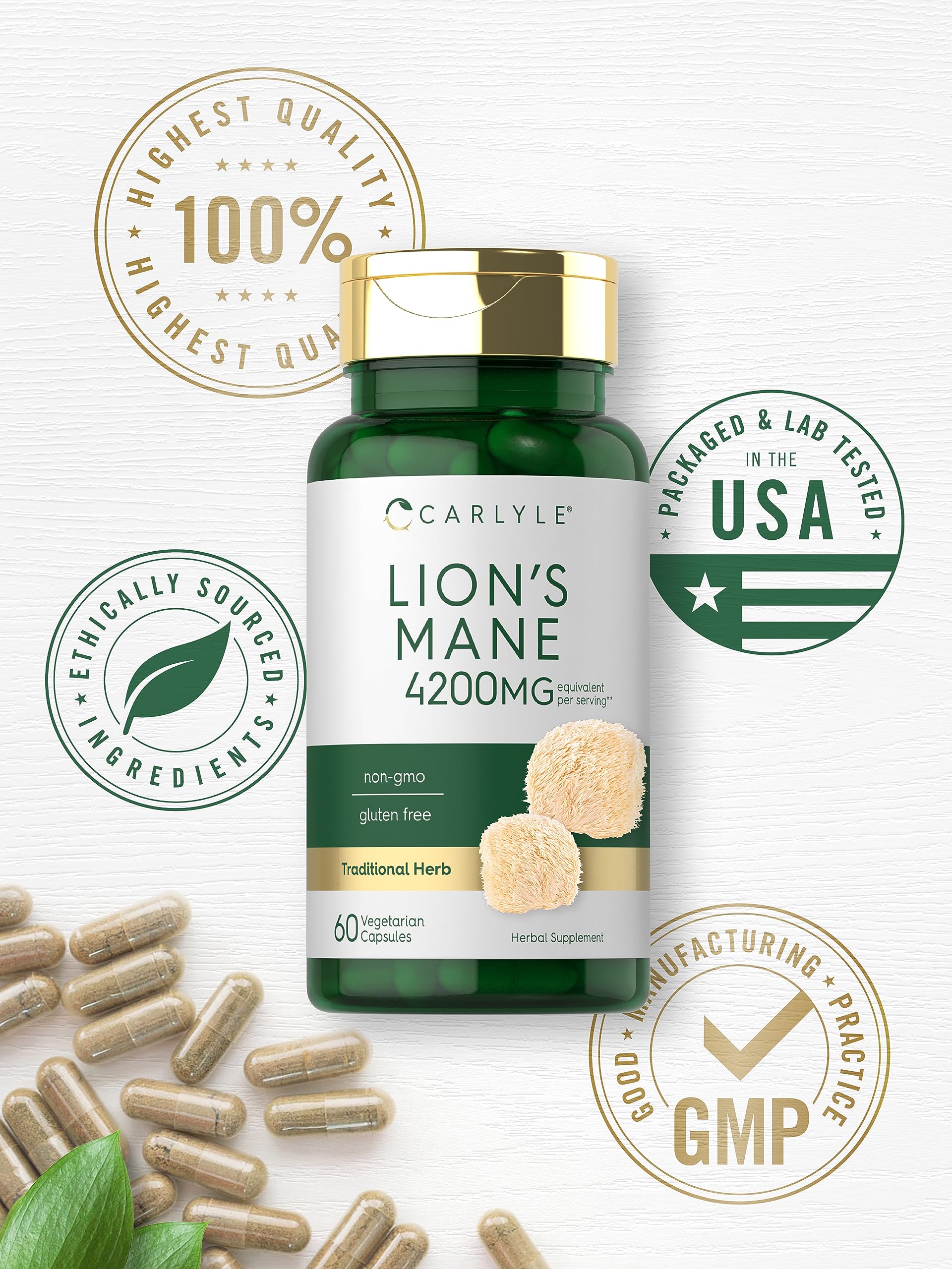 Carlyle Lion's Mane Mushroom Capsules on a wooden table