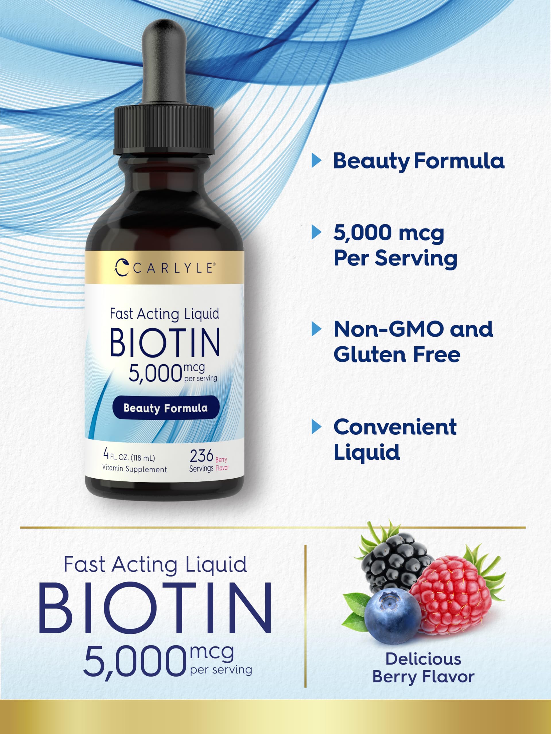 Carlyle Liquid Biotin 5000 mcg berry flavour with measuring spoon
