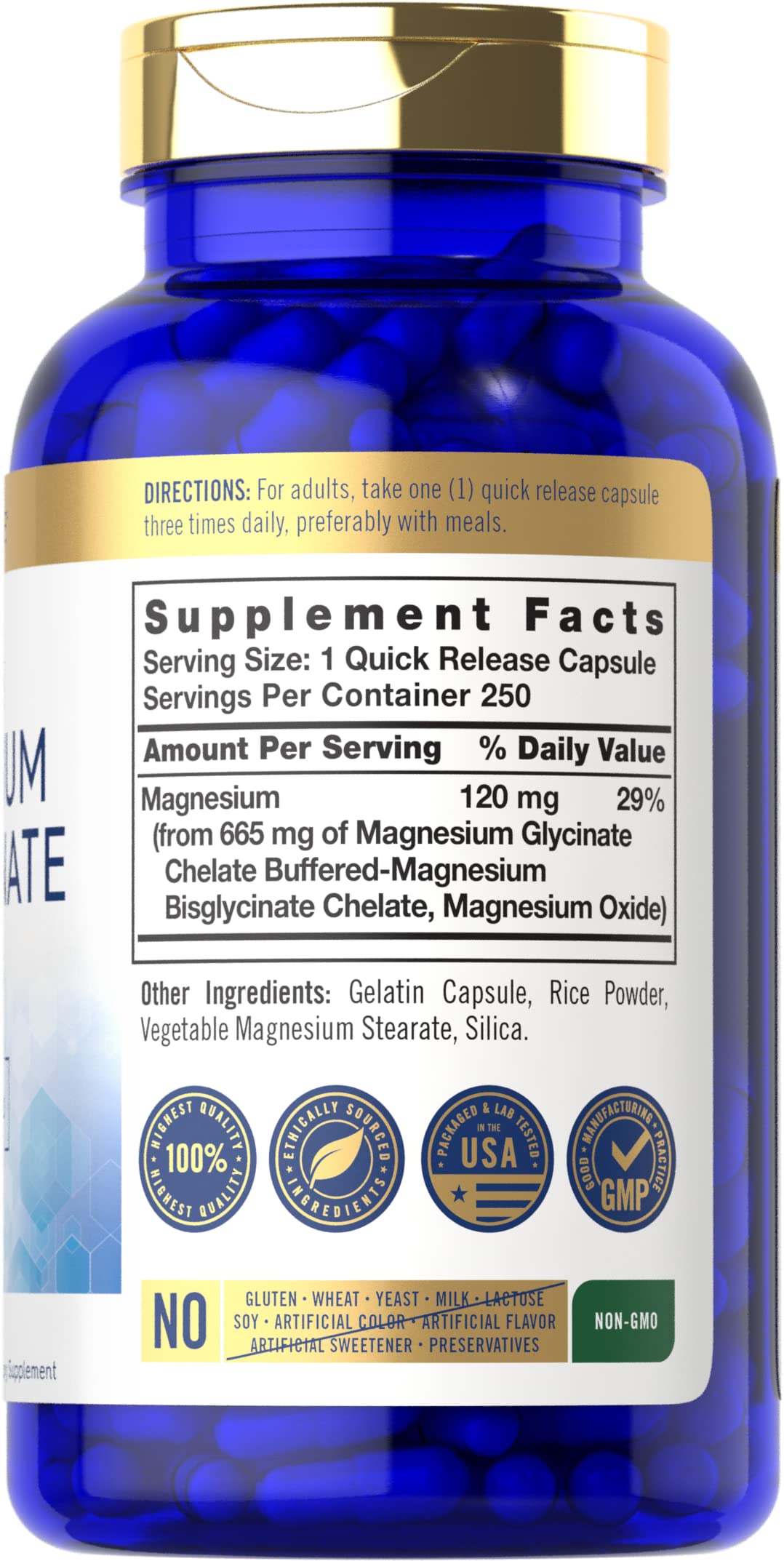 Carlyle Magnesium Bisglycinate 231g side view showing ingredients