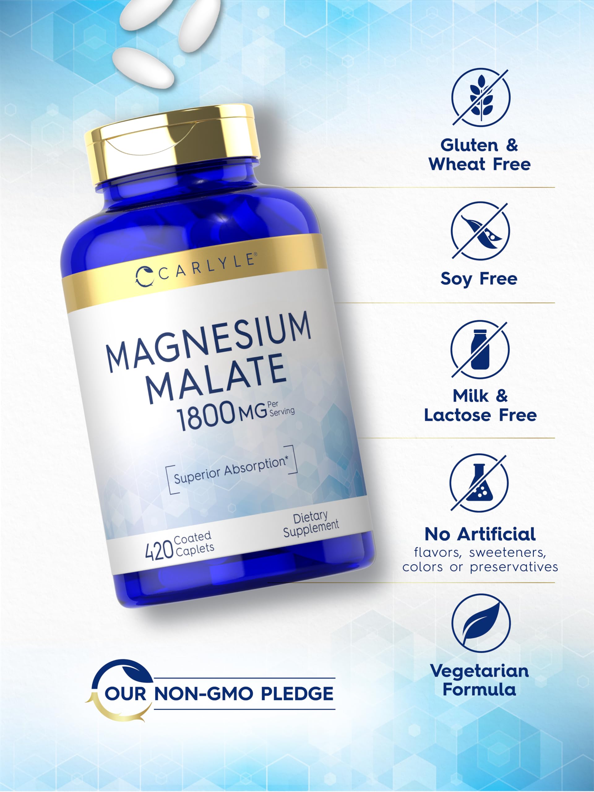 Carlyle Magnesium Malate 1800mg caplets on a wooden table