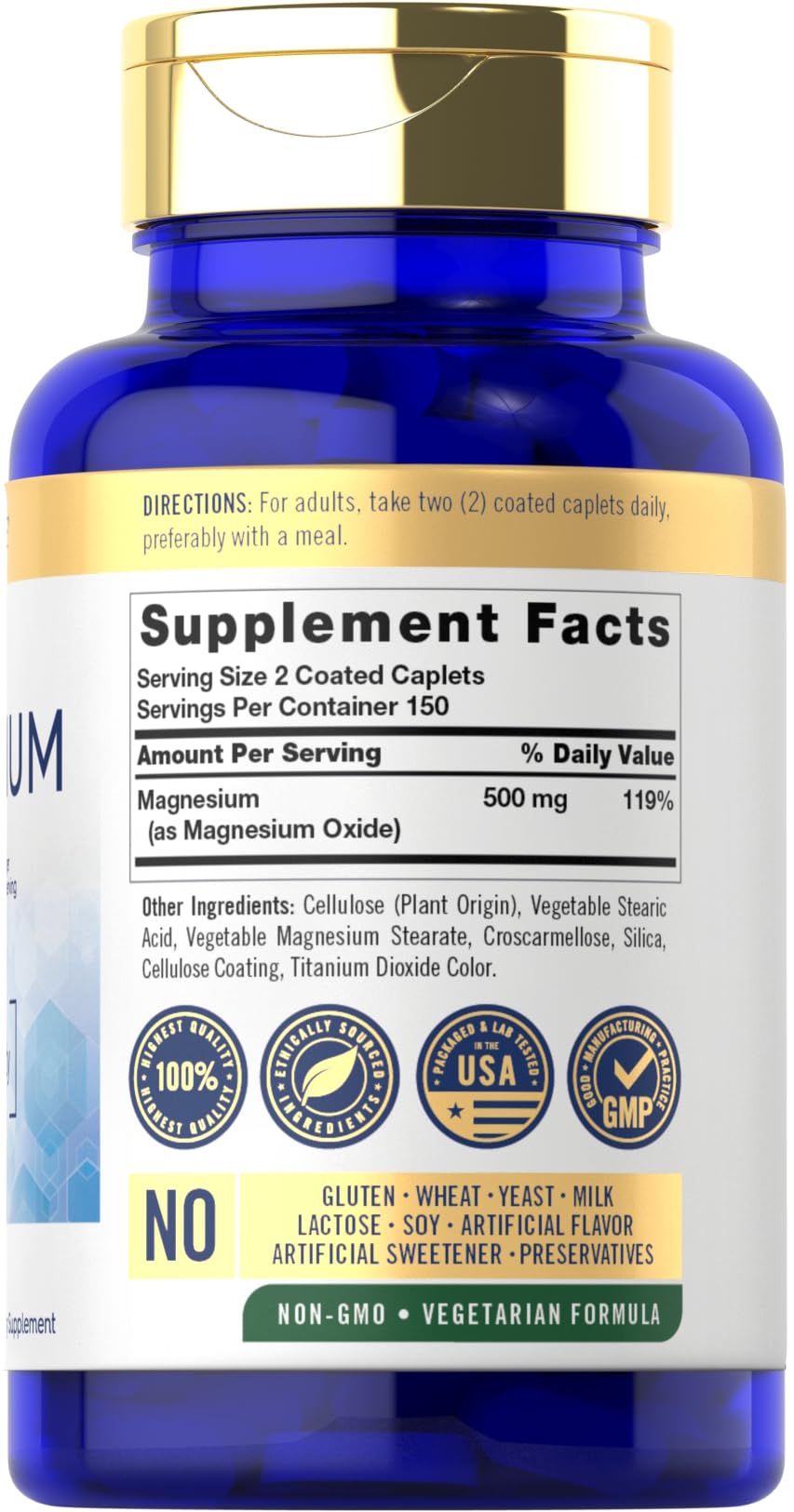Carlyle Magnesium Oxide 500mg caplets back view with ingredient list