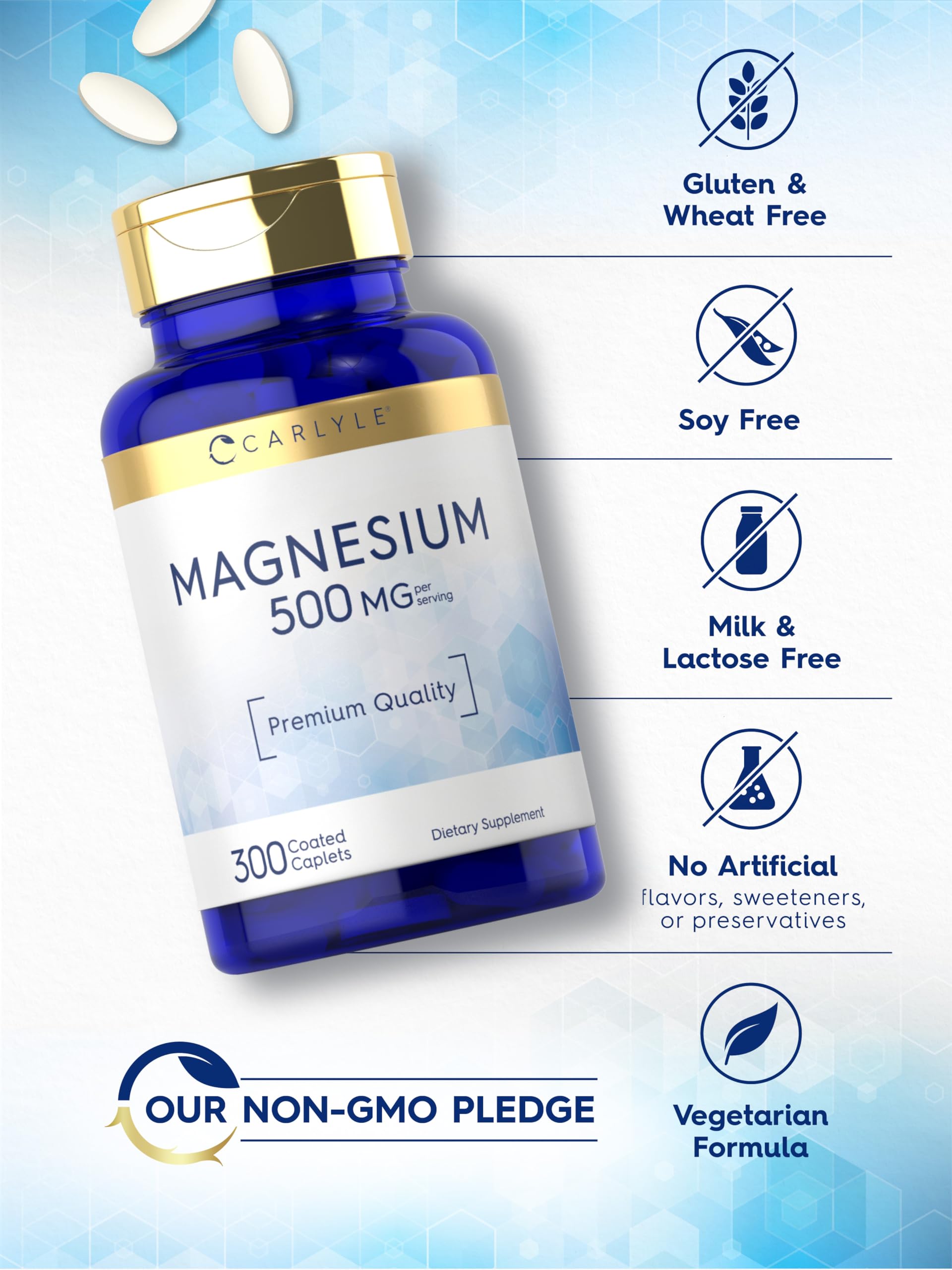 Carlyle Magnesium Oxide 500mg caplets on a wooden table