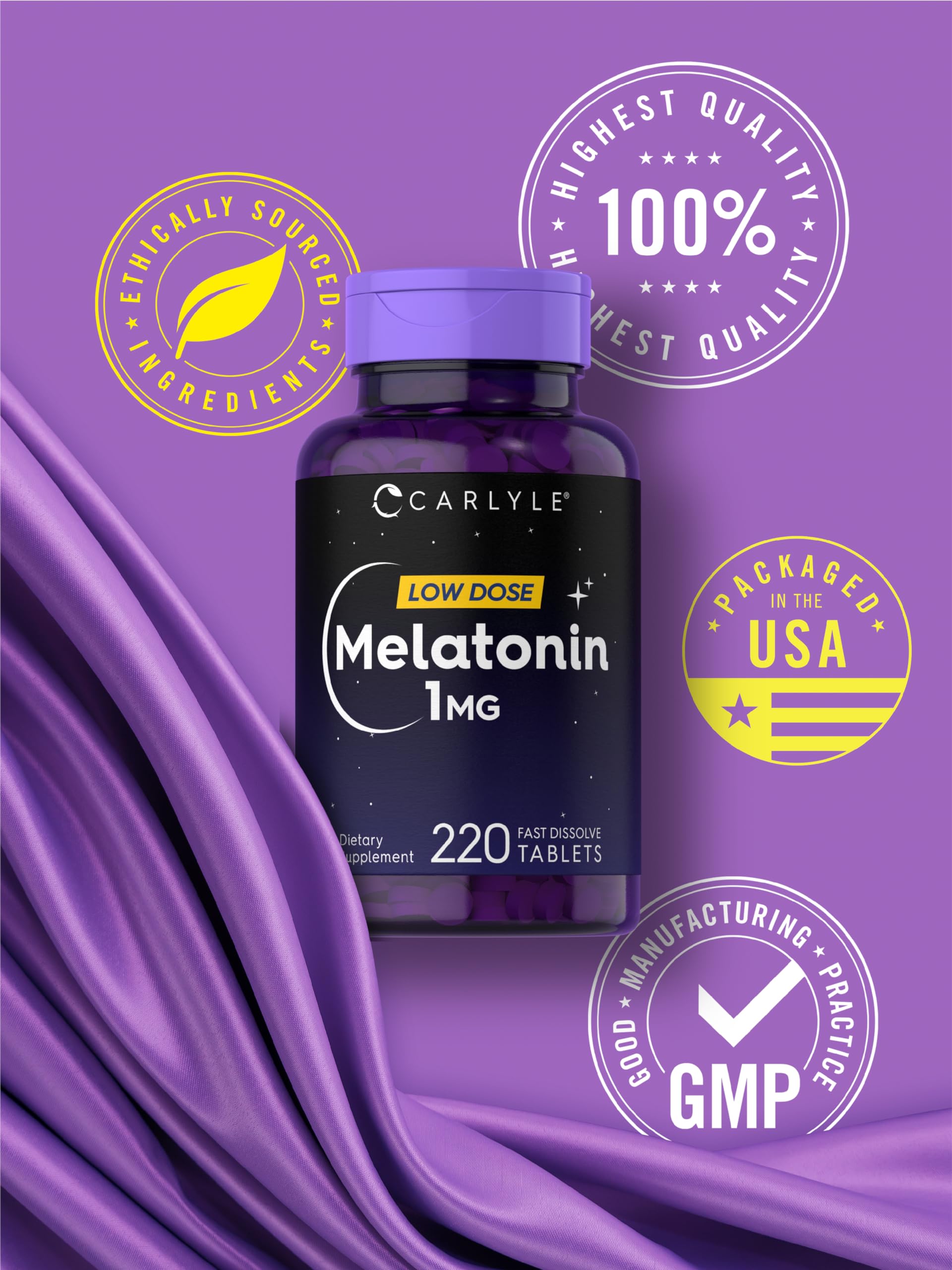 Carlyle Melatonin 1 mg Fast Dissolve Tablets on a wooden table