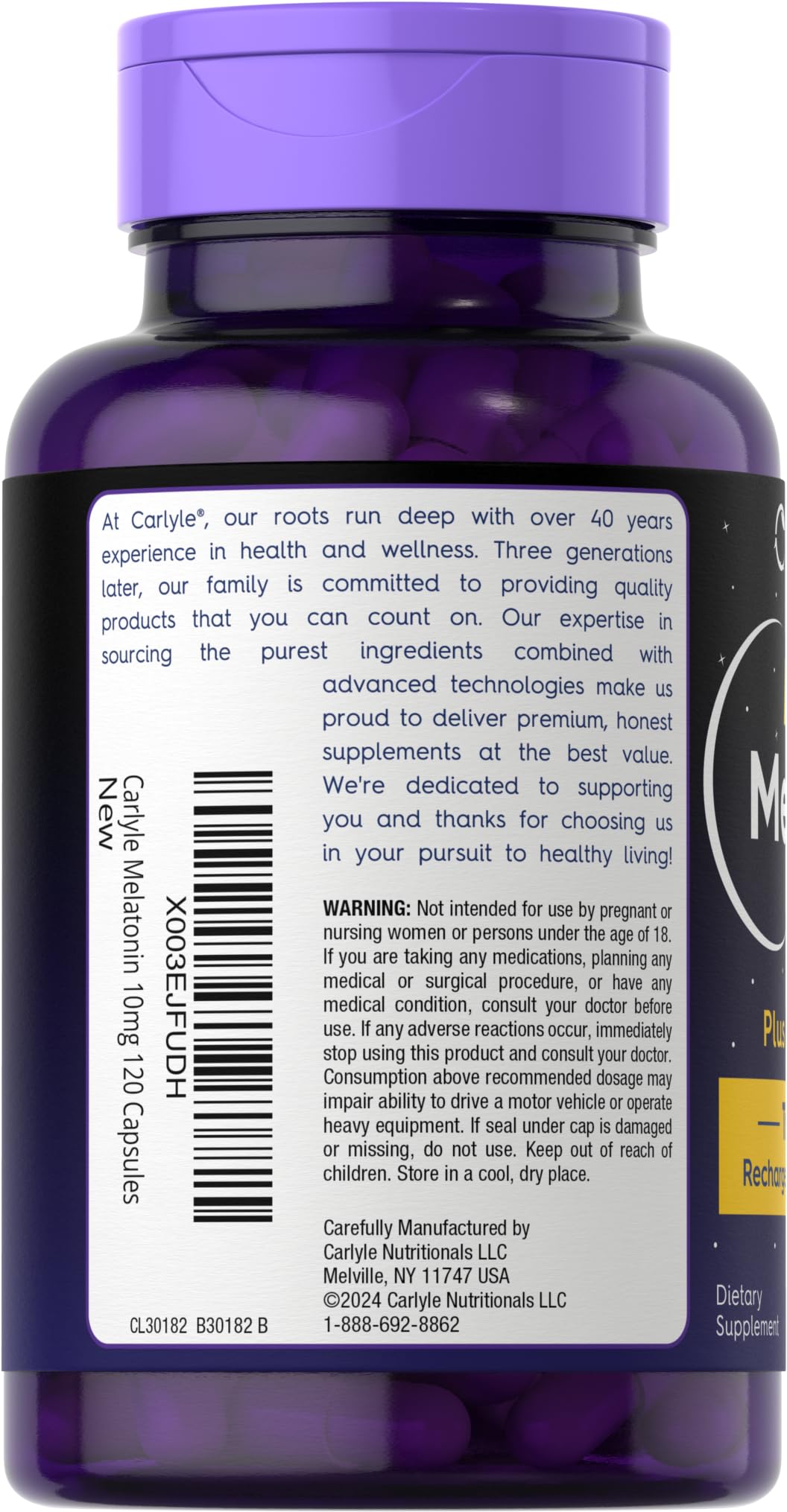 Carlyle Melatonin 10mg 120 Capsules back view