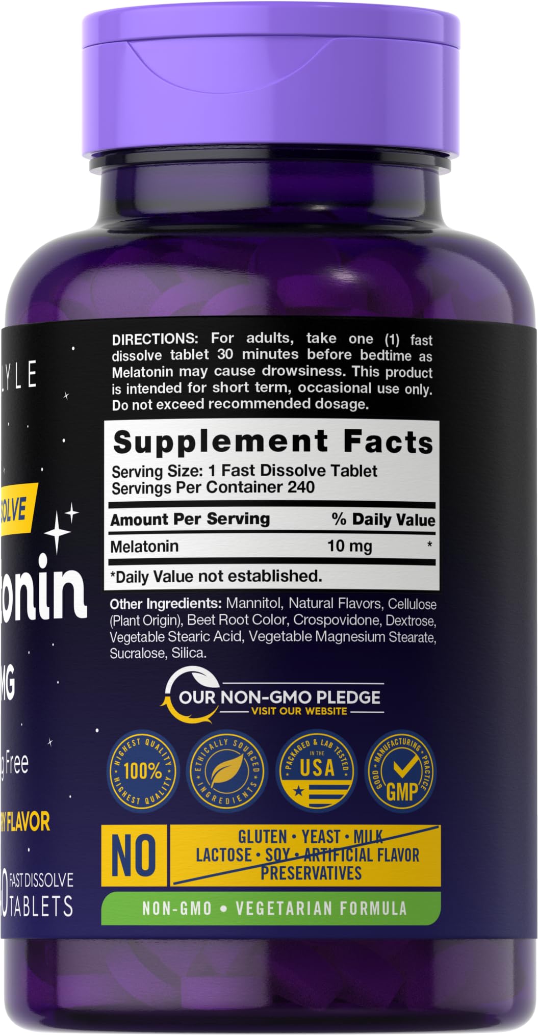 Carlyle Melatonin 10mg Fast Dissolve Tablets bottle with label