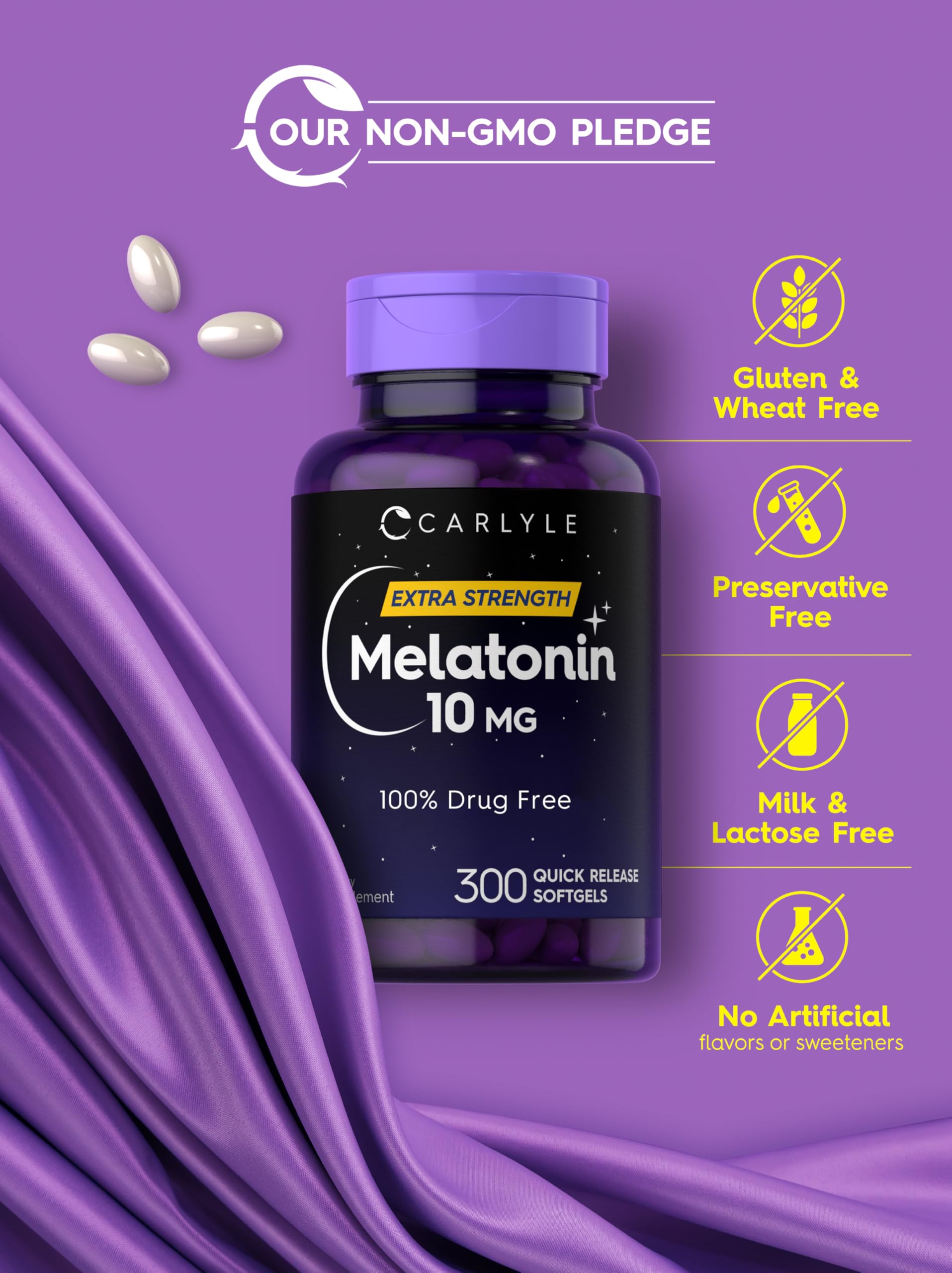 Carlyle Melatonin 10mg softgels on a wooden table