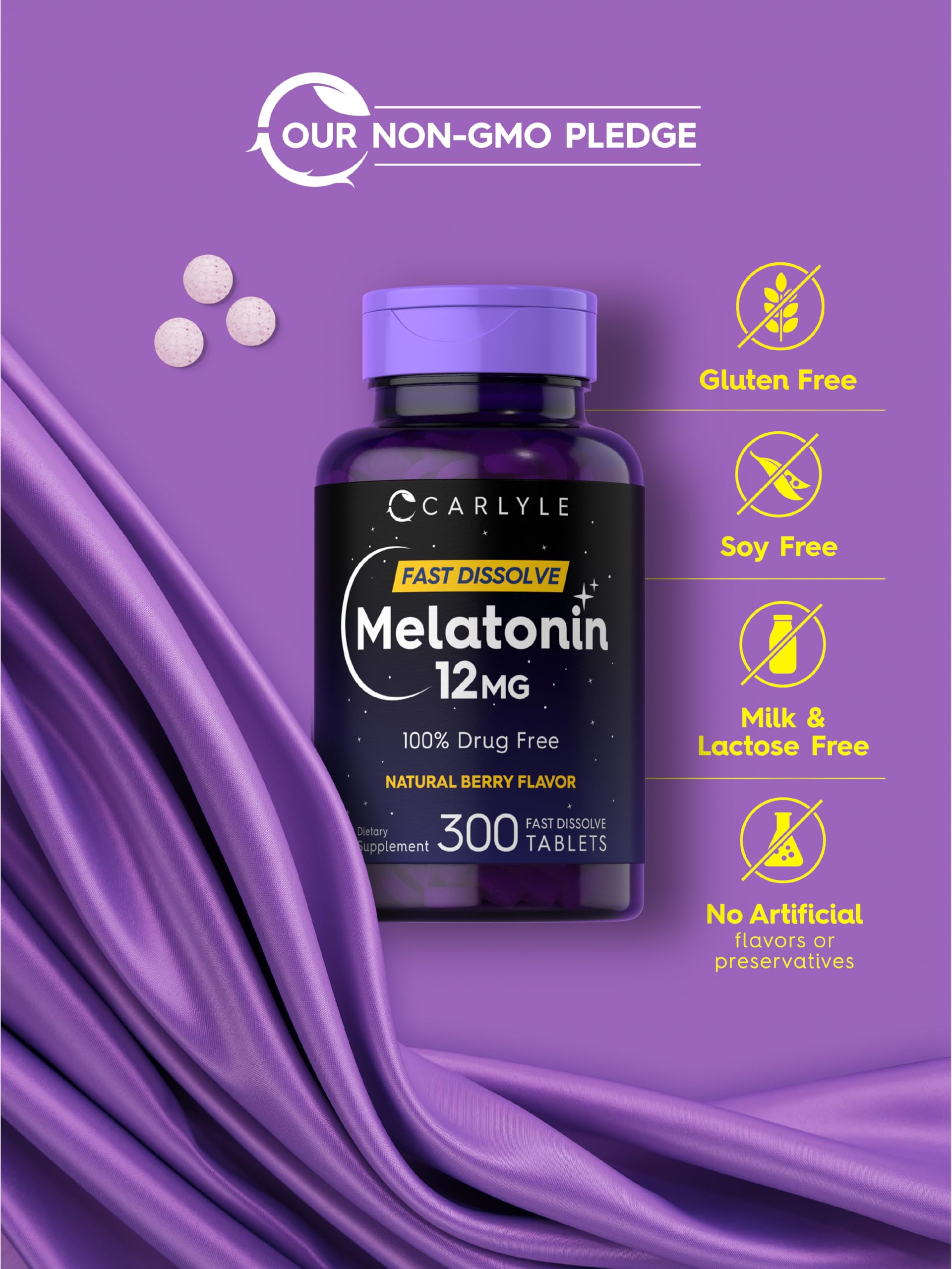 Carlyle Melatonin 12 mg Fast Dissolve Tablets on a wooden table