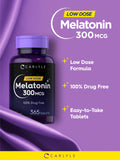 Carlyle Melatonin 300 mcg tablets on a wooden table