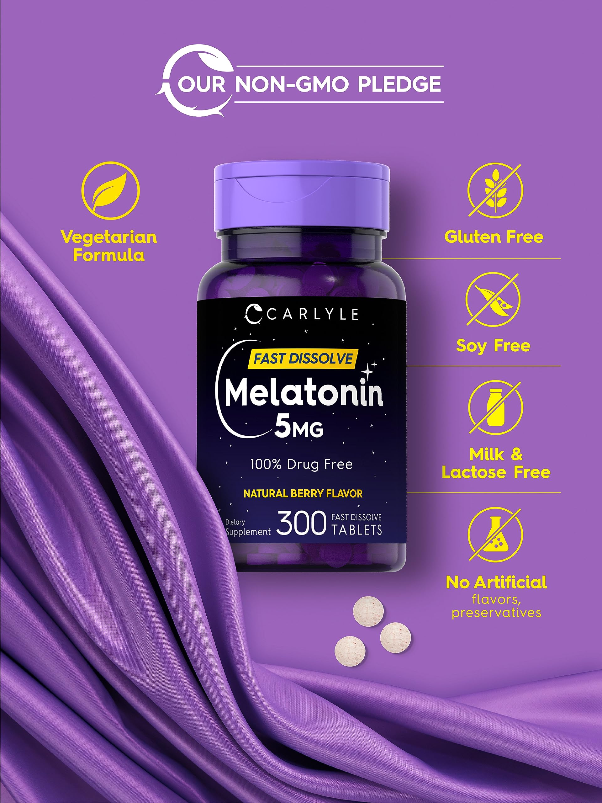 Carlyle Melatonin 5 mg tablets on a wooden table