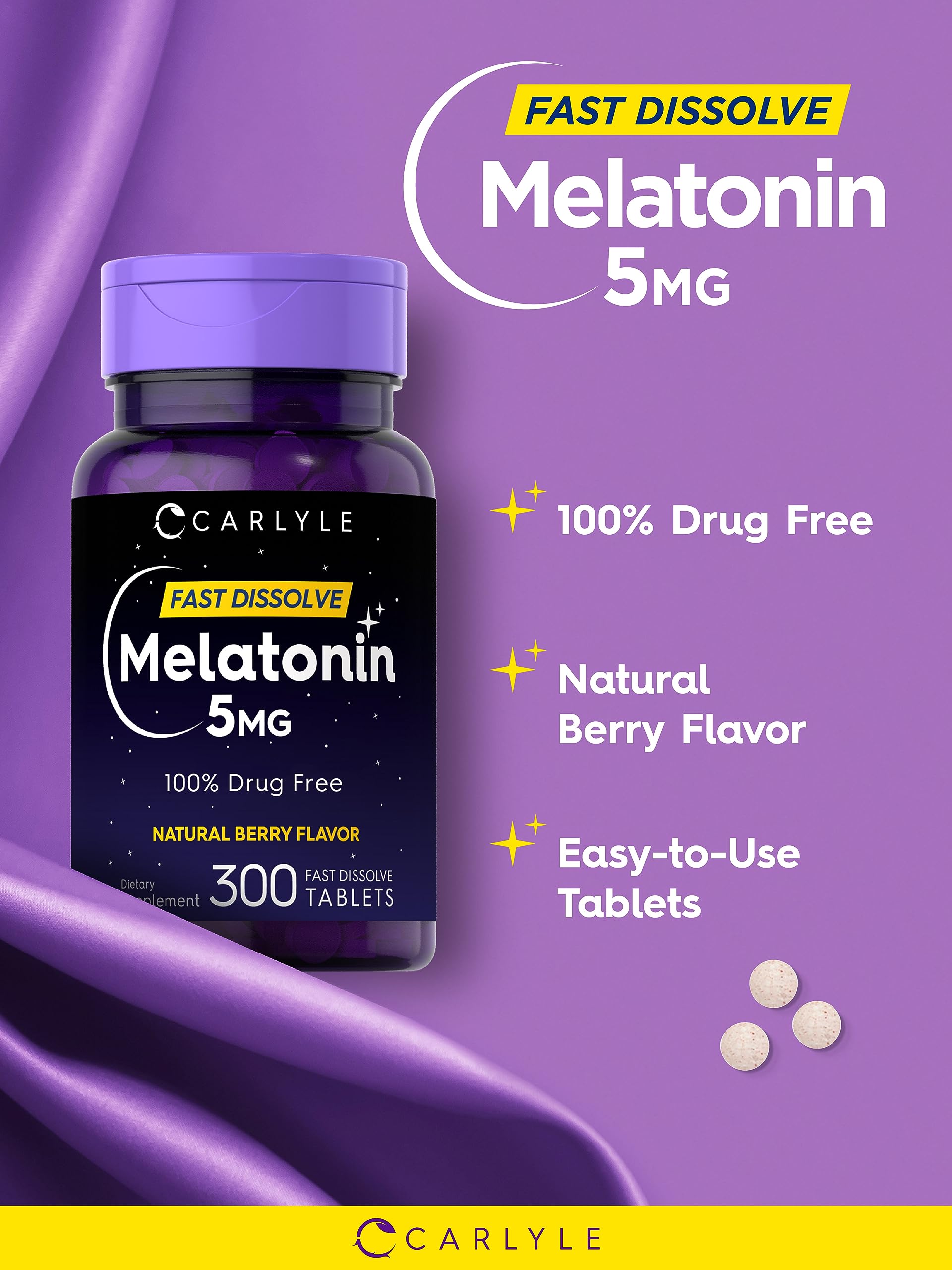 Carlyle Melatonin 5 mg tablets packaging with berry flavour label