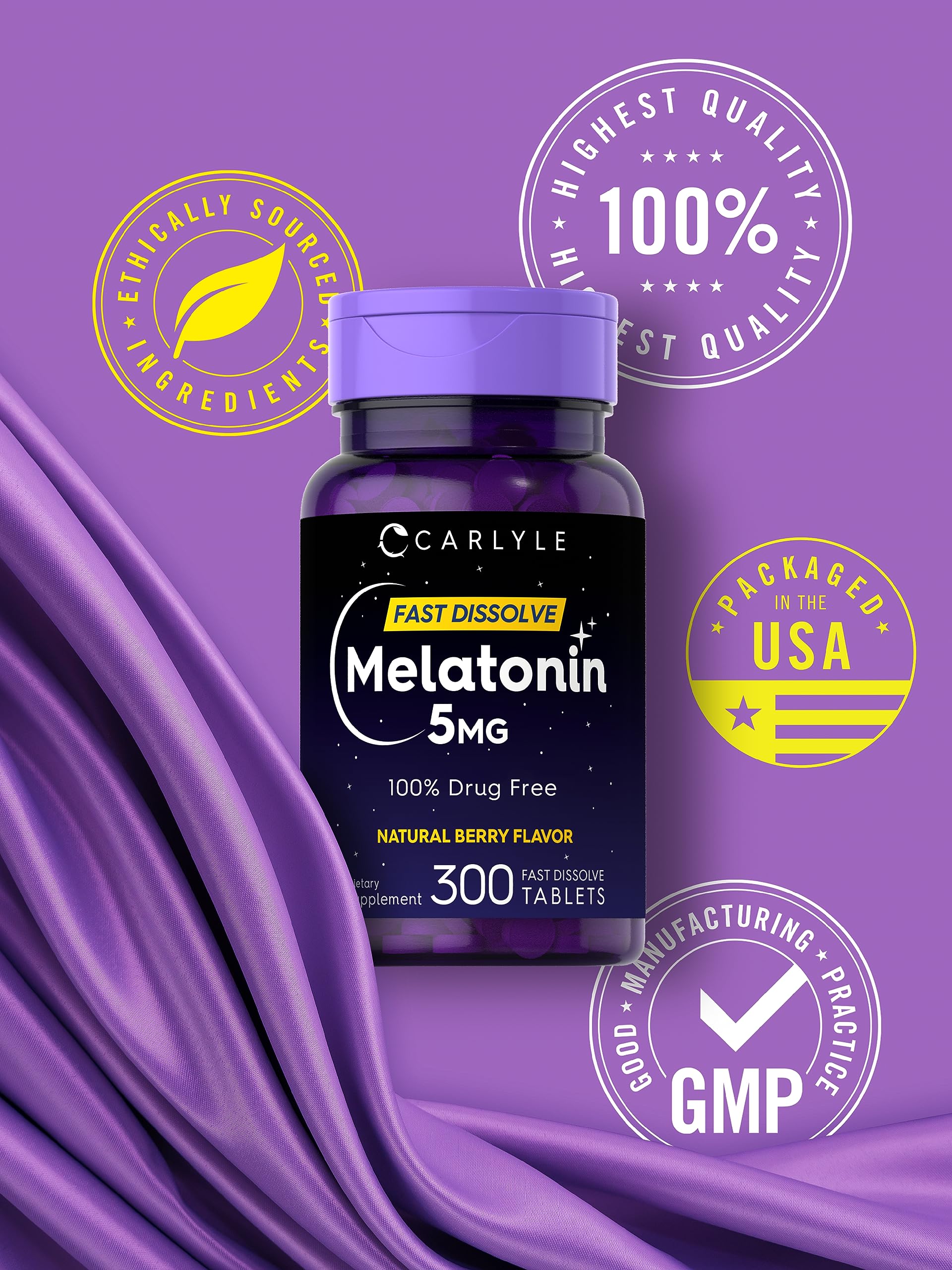 Carlyle Melatonin 5 mg tablets with a glass of water