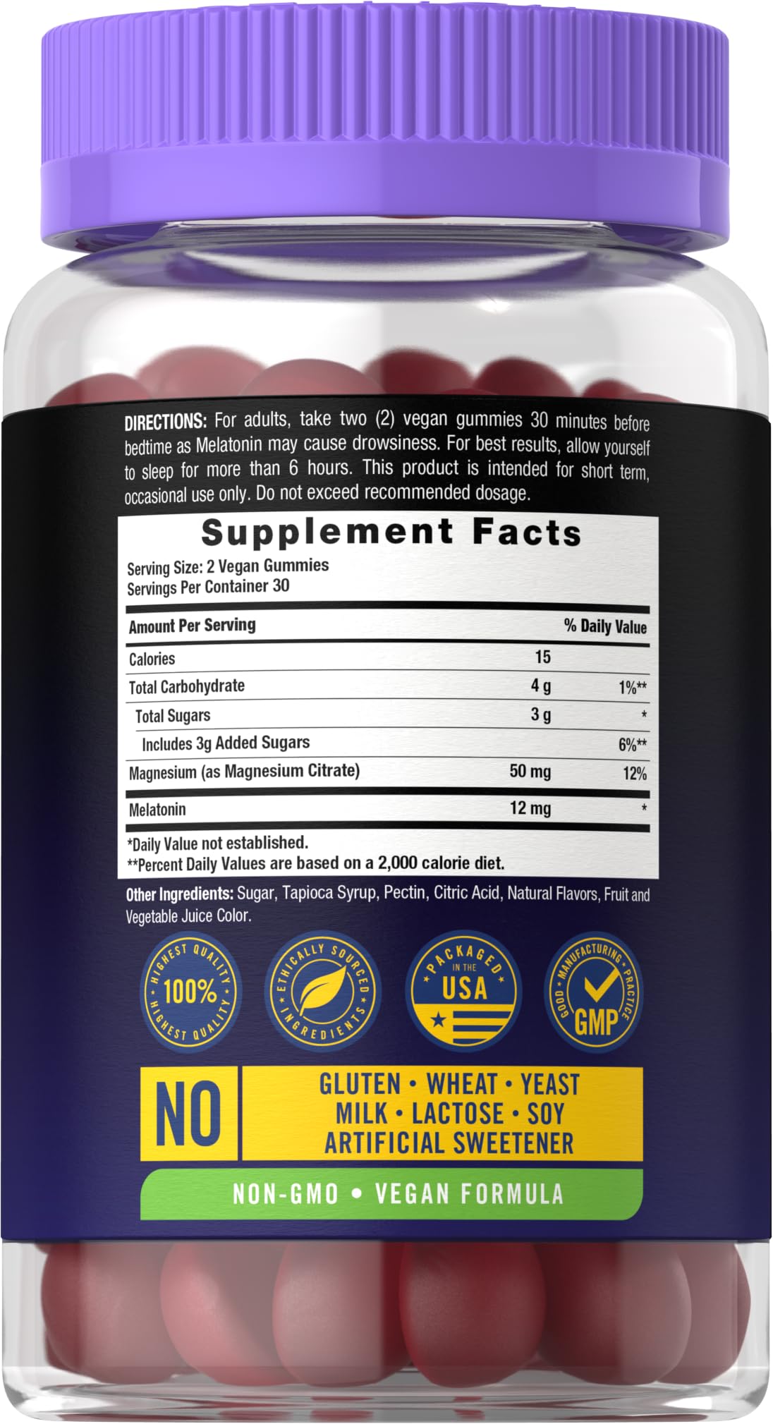 Carlyle Melatonin Gummies 12mg side view with ingredients