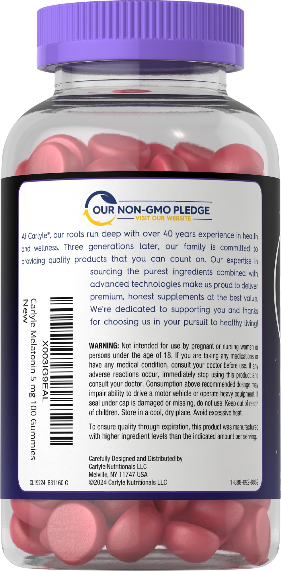 Carlyle Melatonin Gummies 5mg Berry Flavour gummies on a table