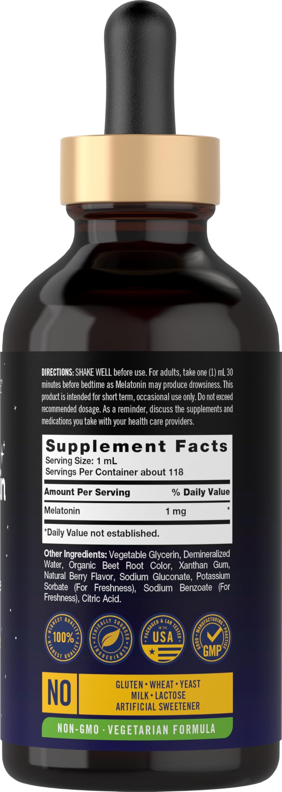 Carlyle Melatonin Liquid 1mg berry flavour 4 fl oz bottle side view