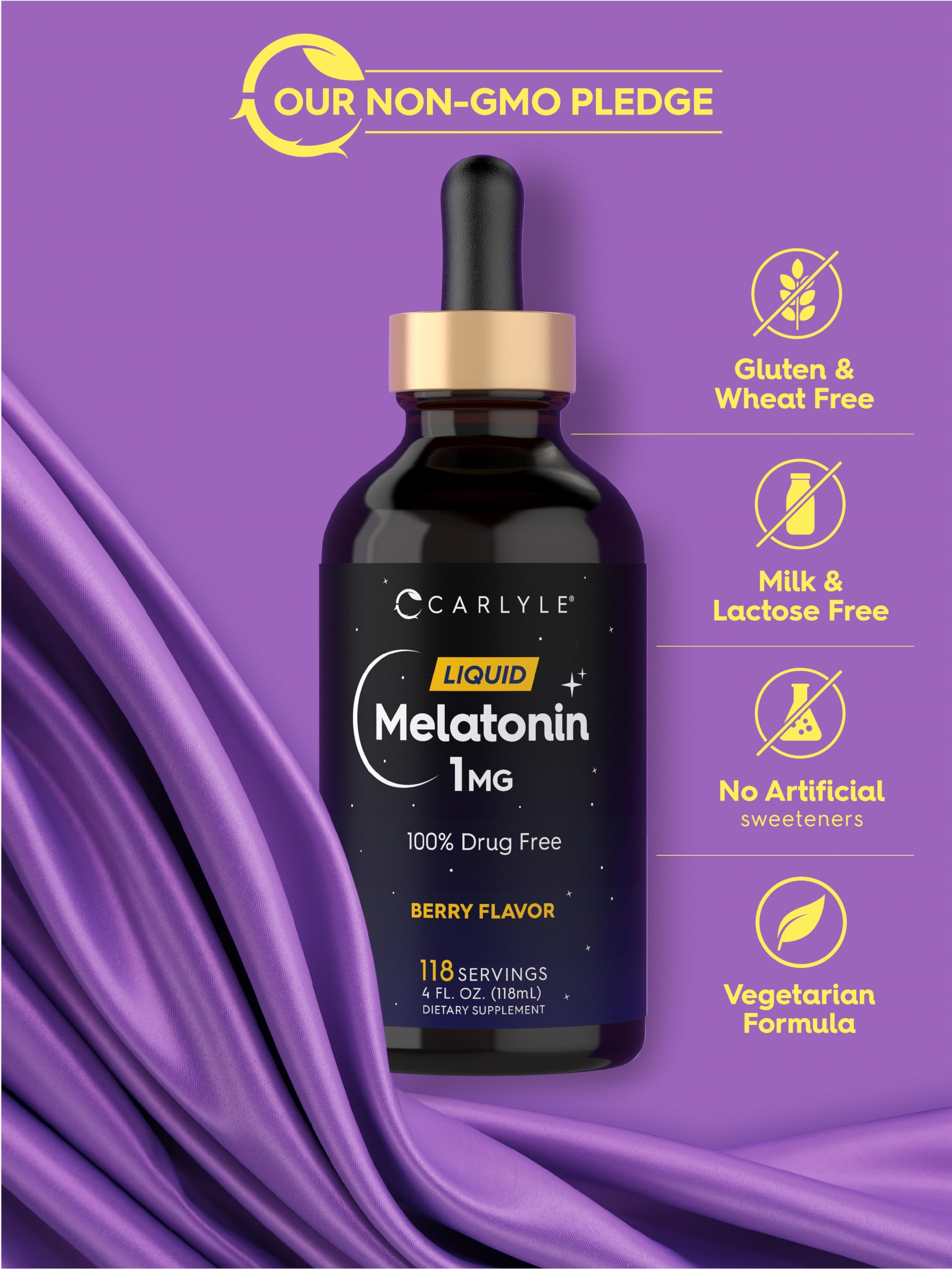 Carlyle Melatonin Liquid 1mg berry flavour liquid in a spoon