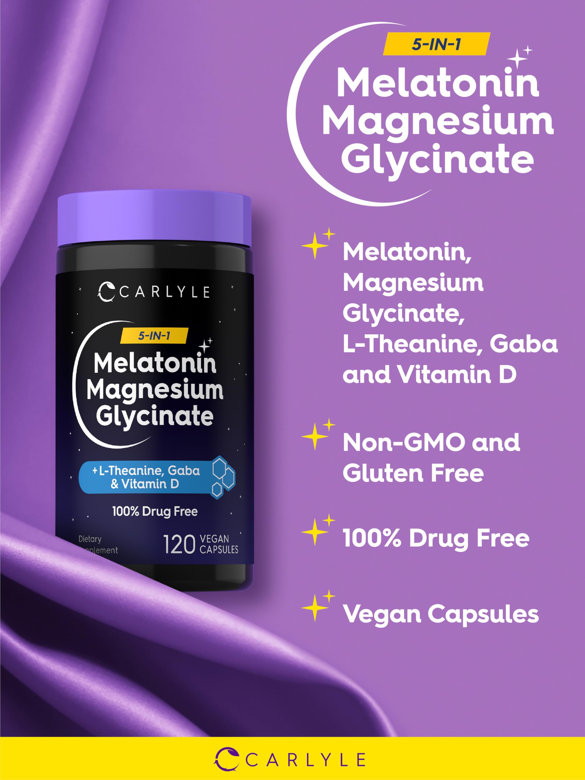 Carlyle Melatonin with Magnesium Glycinate 120 capsules on a wooden table