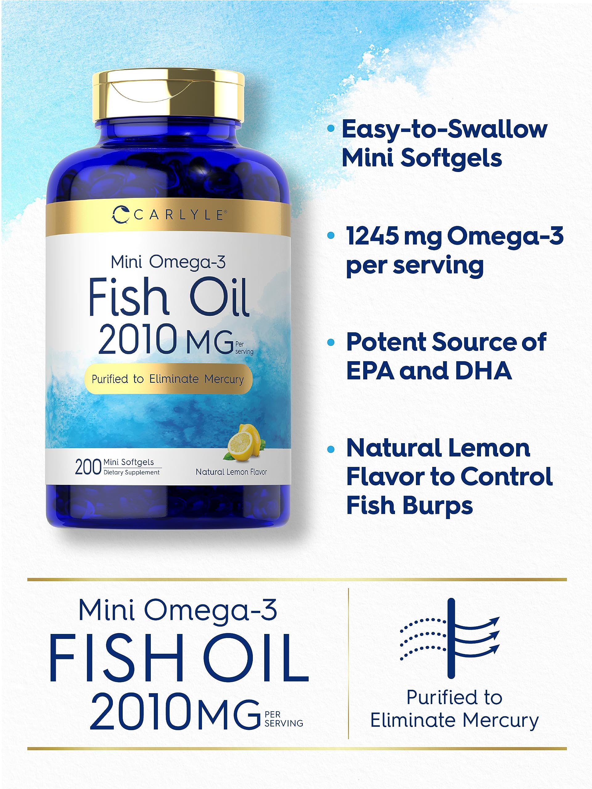 Carlyle Mini Omega 3 Fish Oil 220g capsules on a wooden surface