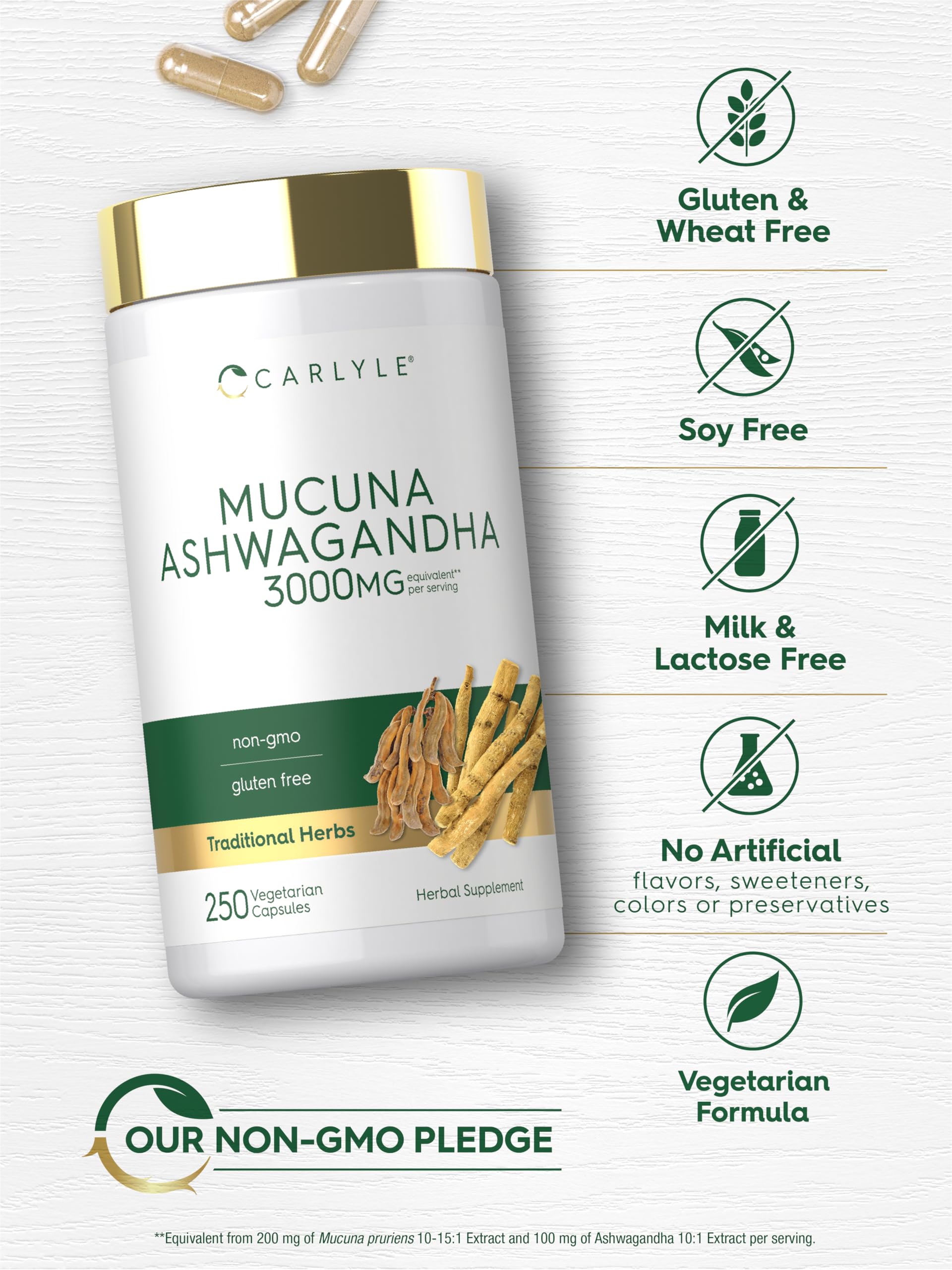 Carlyle Mucuna Ashwagandha Complex 139g capsules on a surface