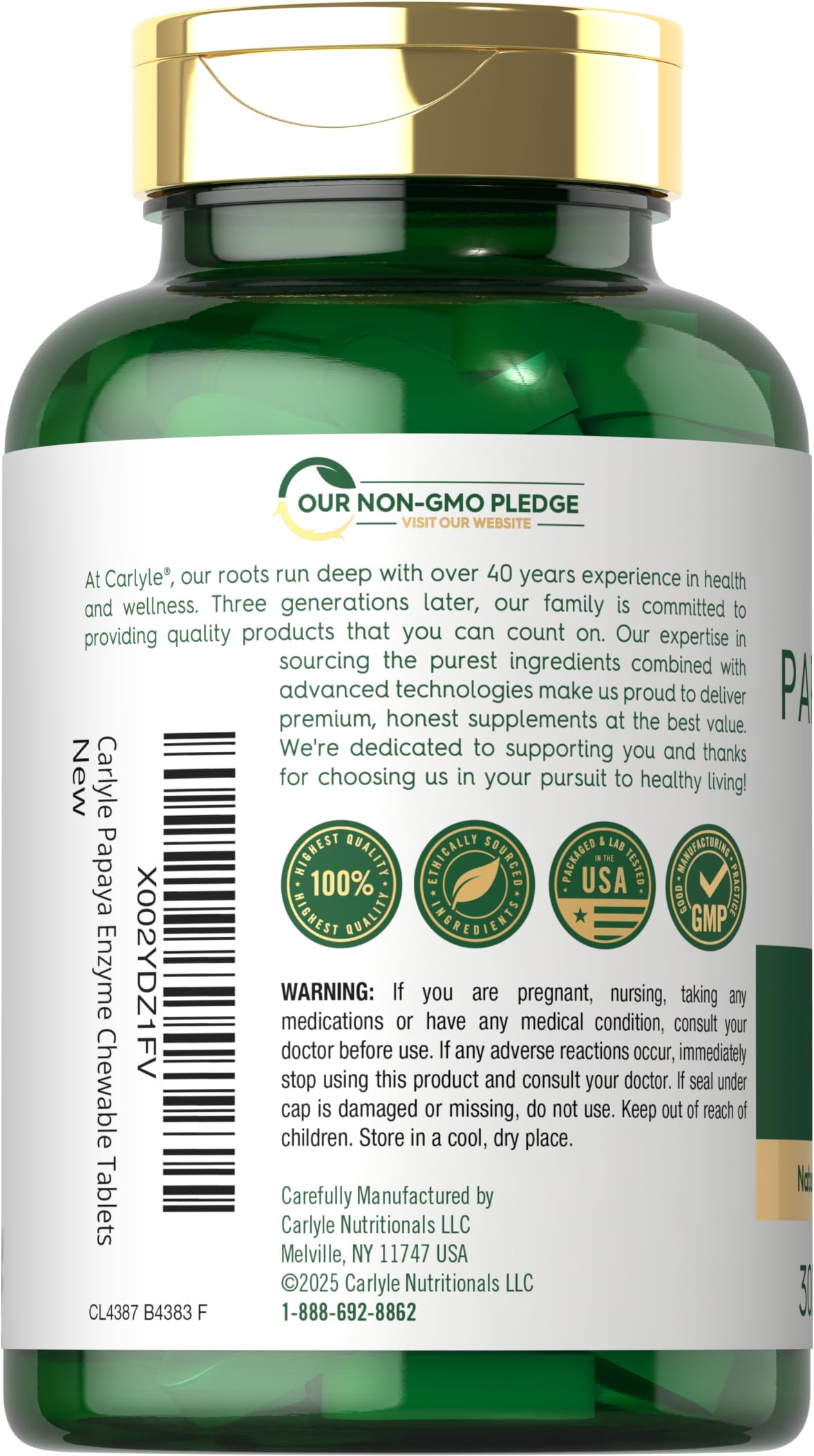 Carlyle Multi-Enzyme Chewable Tablets back view with ingredient list