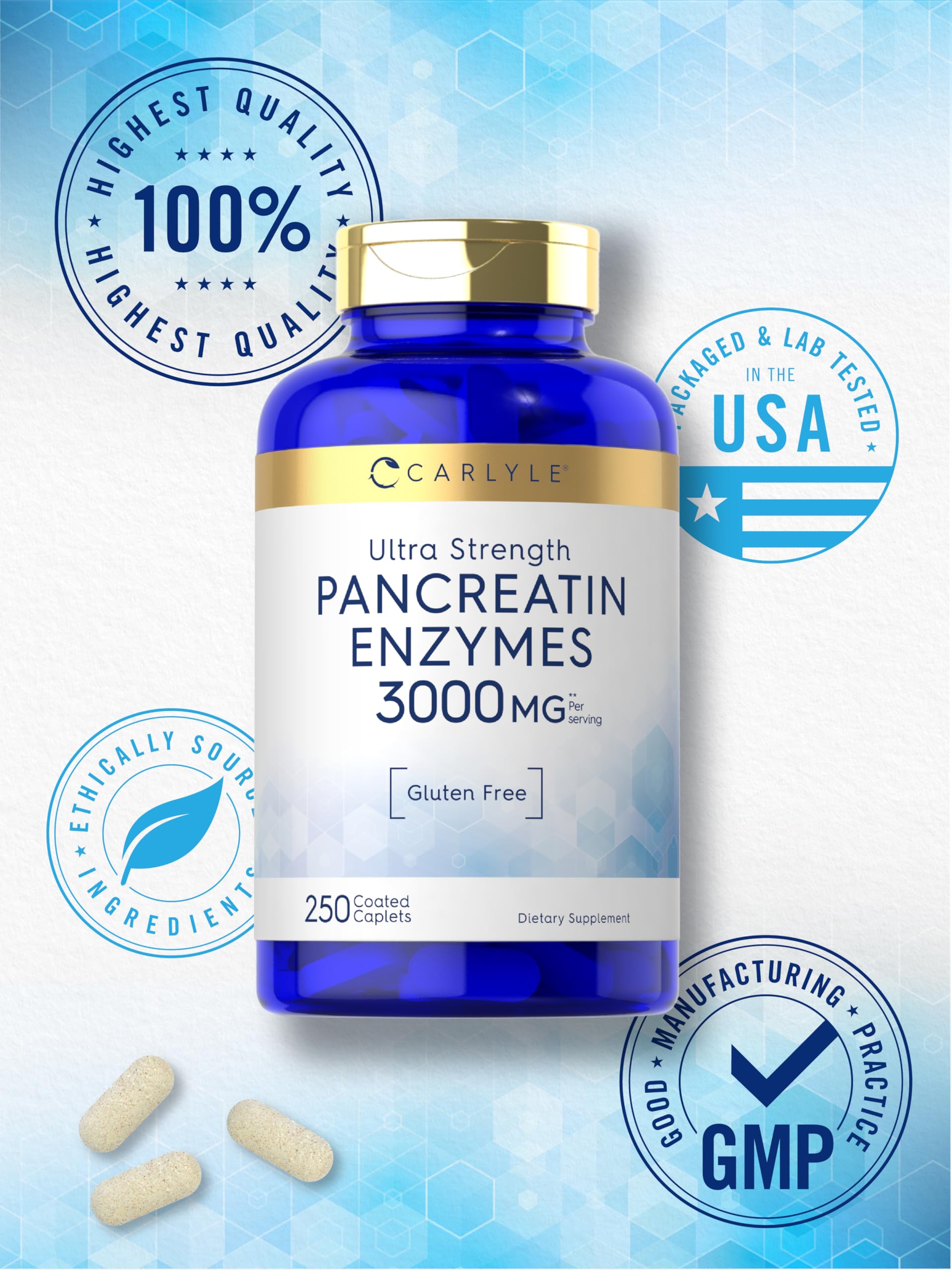 Carlyle Multi-Enzymes Pancreatin 500mg caplets on a wooden table