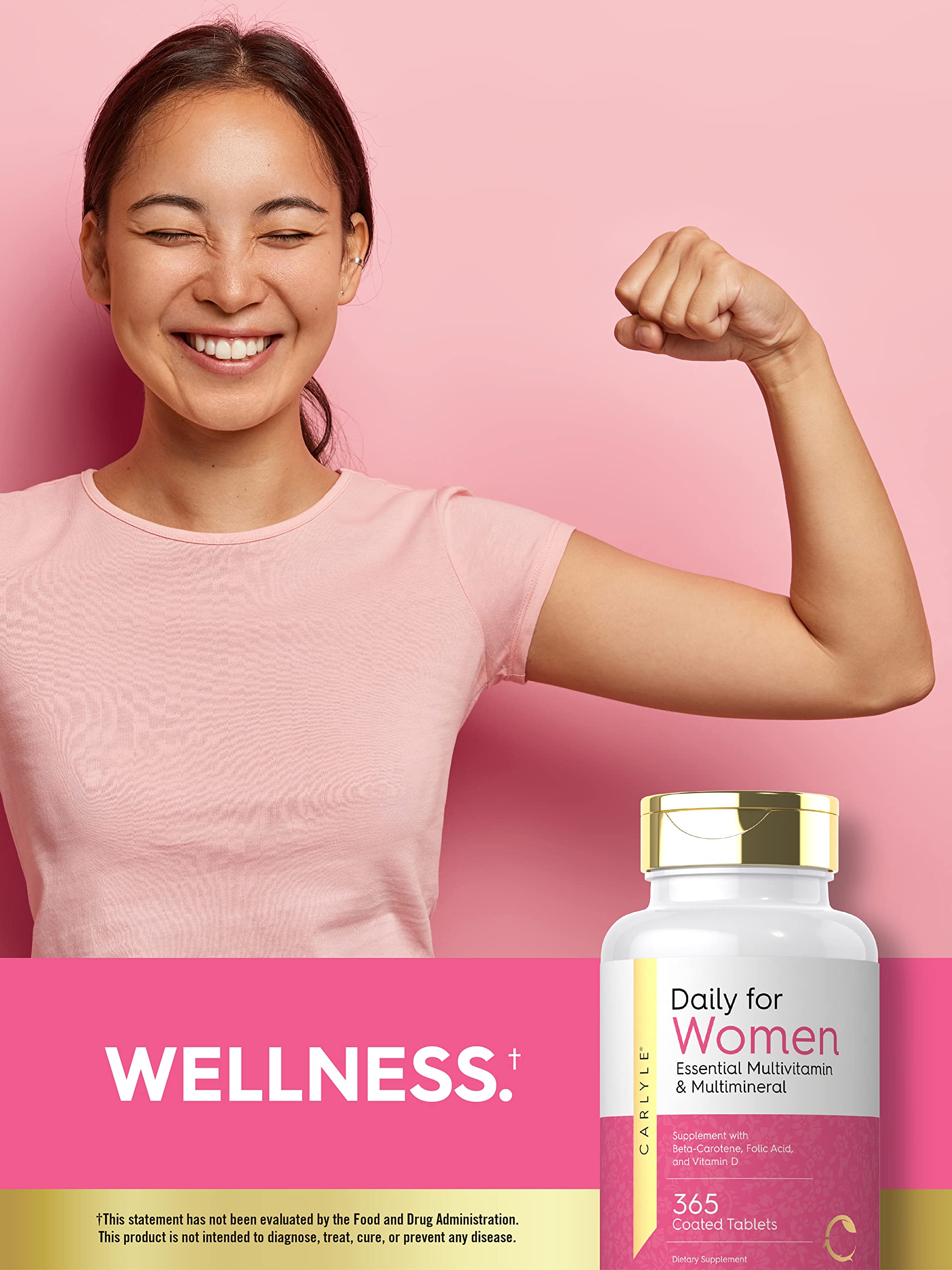 Carlyle Multivitamins for Women tablets arranged on a wooden surface