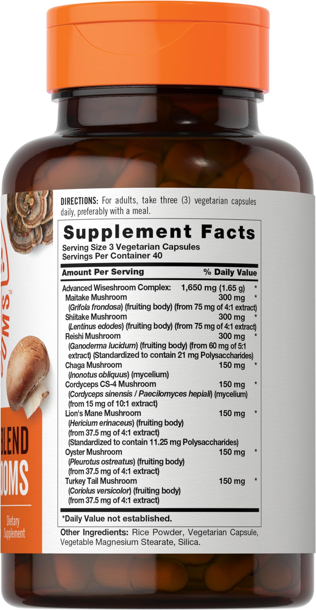 Carlyle Mushroom Blend Supplement back view showing ingredients