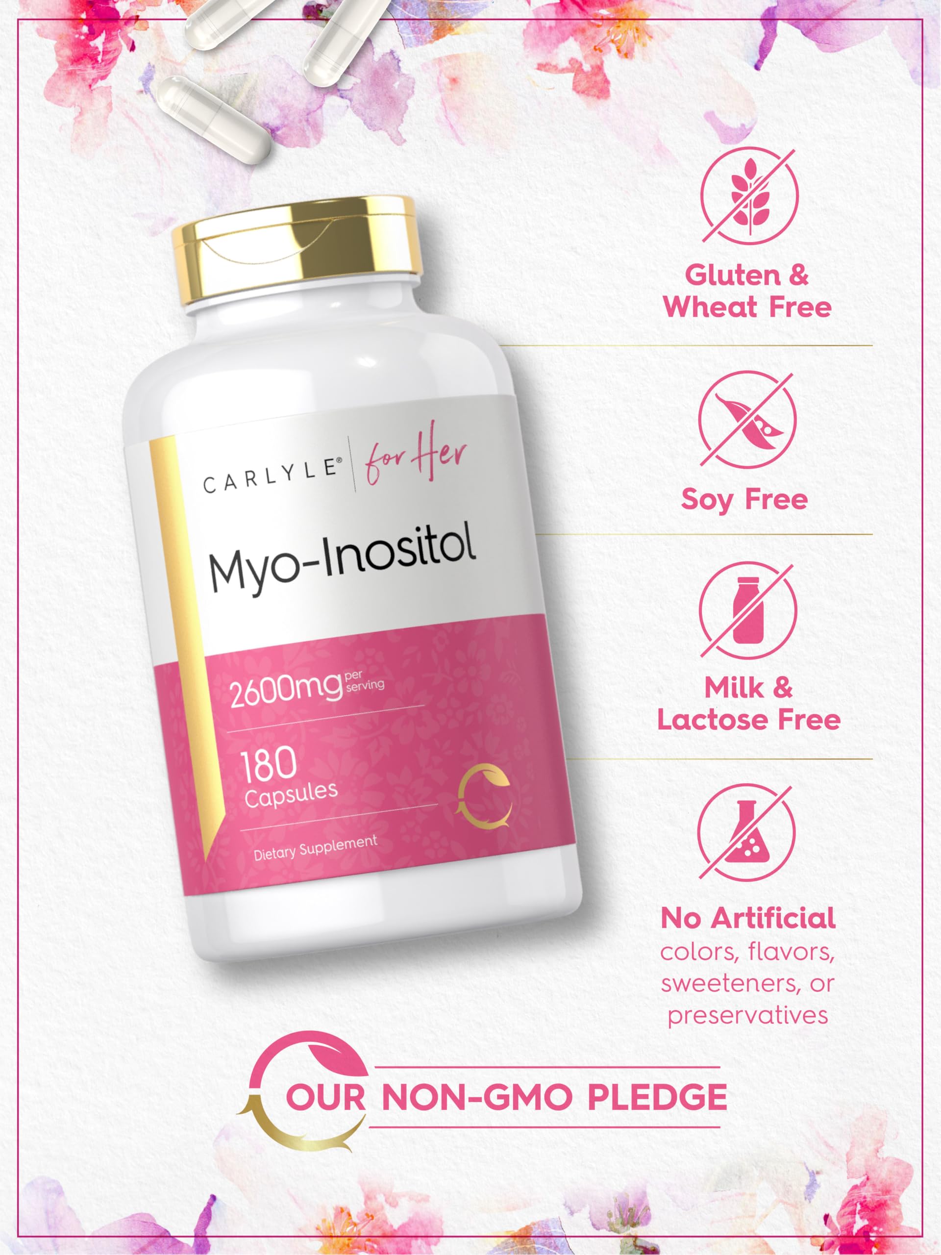 Carlyle Myo-Inositol 2600mg supplement bottle with measuring spoon