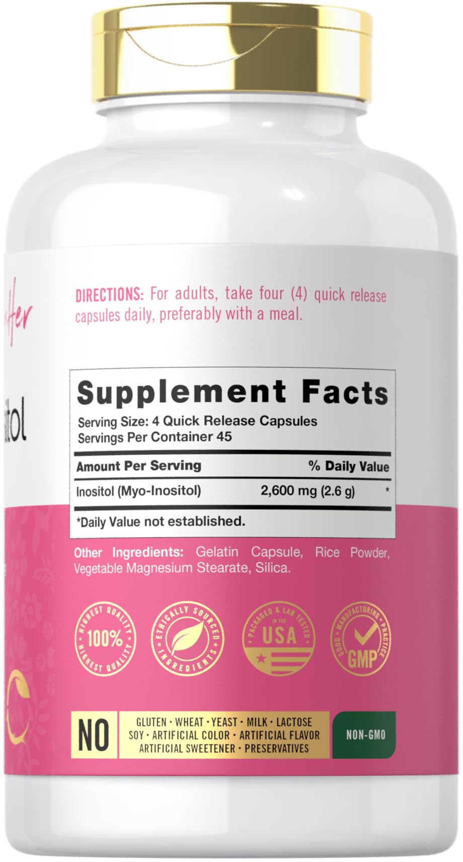 Carlyle Myo-Inositol 2600mg supplement capsule bottle side view