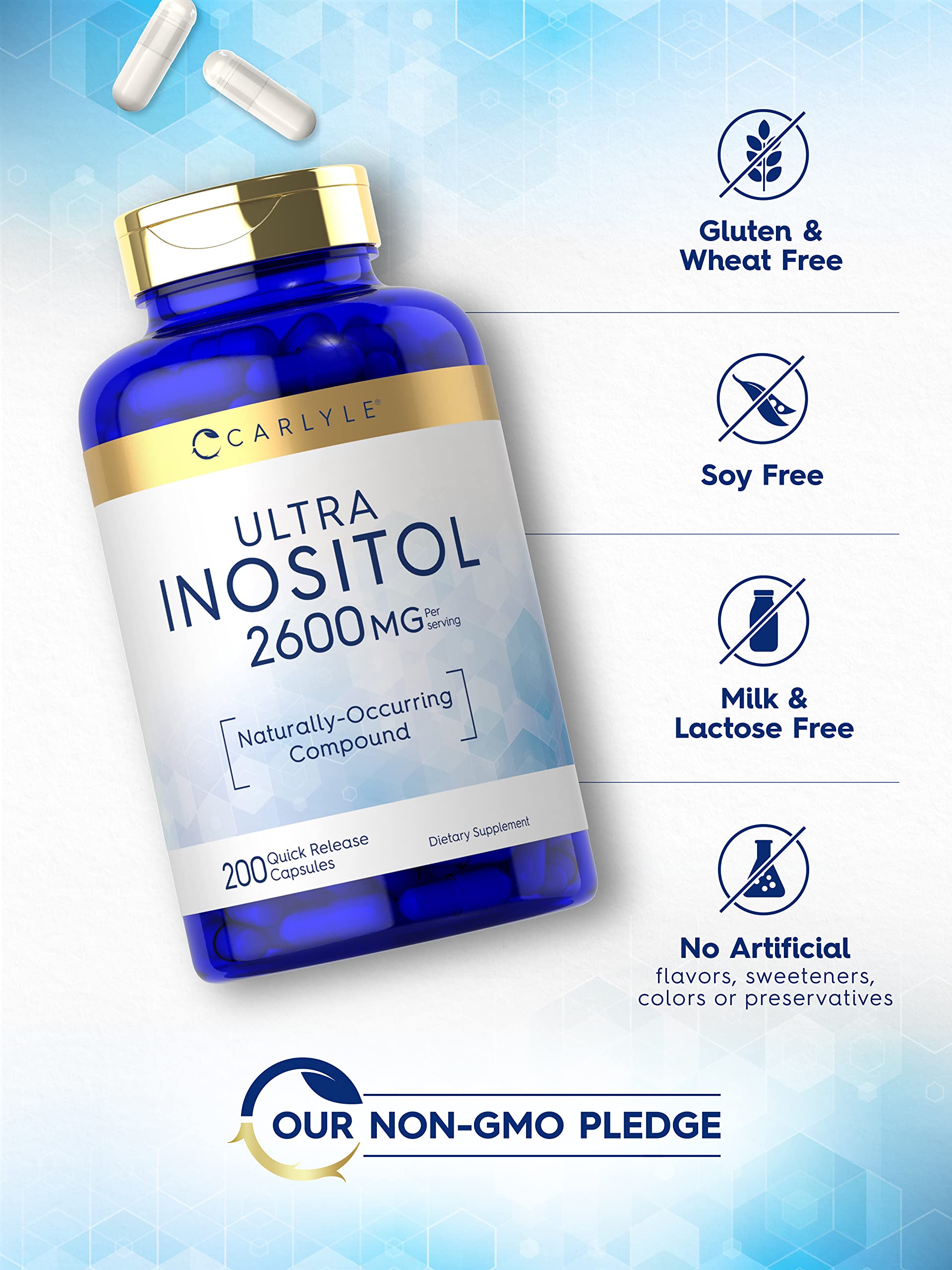 Carlyle MYO-INOSITOL Capsules 2600mg capsules on a table