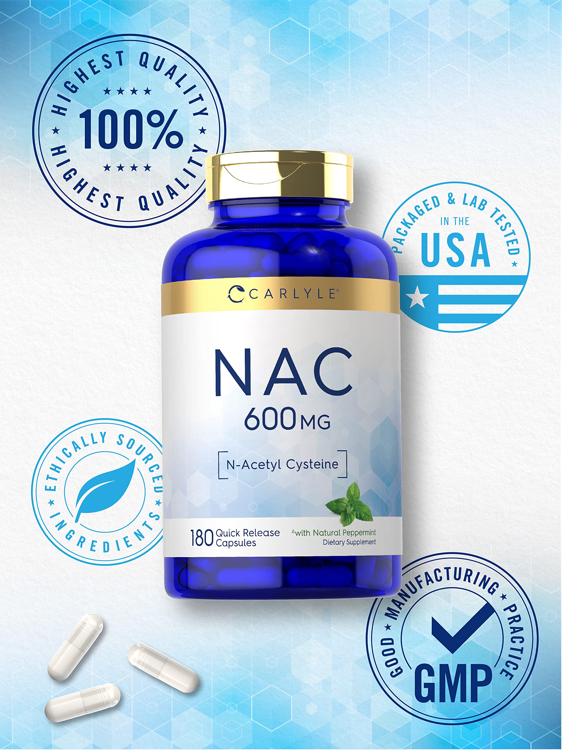 Carlyle N-Acetyl Cysteine 600mg capsules displayed with measuring spoon