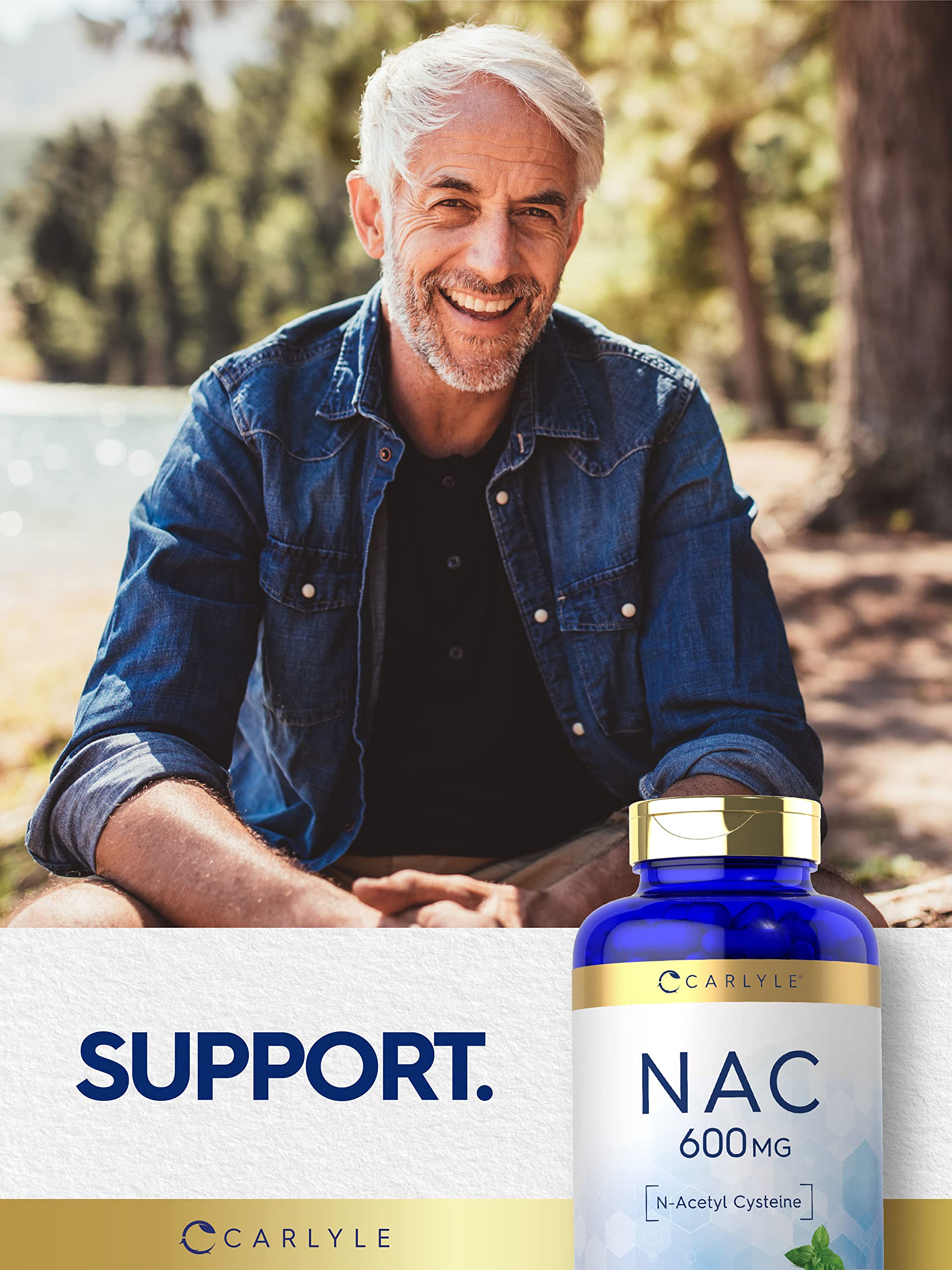 Carlyle N-Acetyl Cysteine 600mg capsules on a wooden table