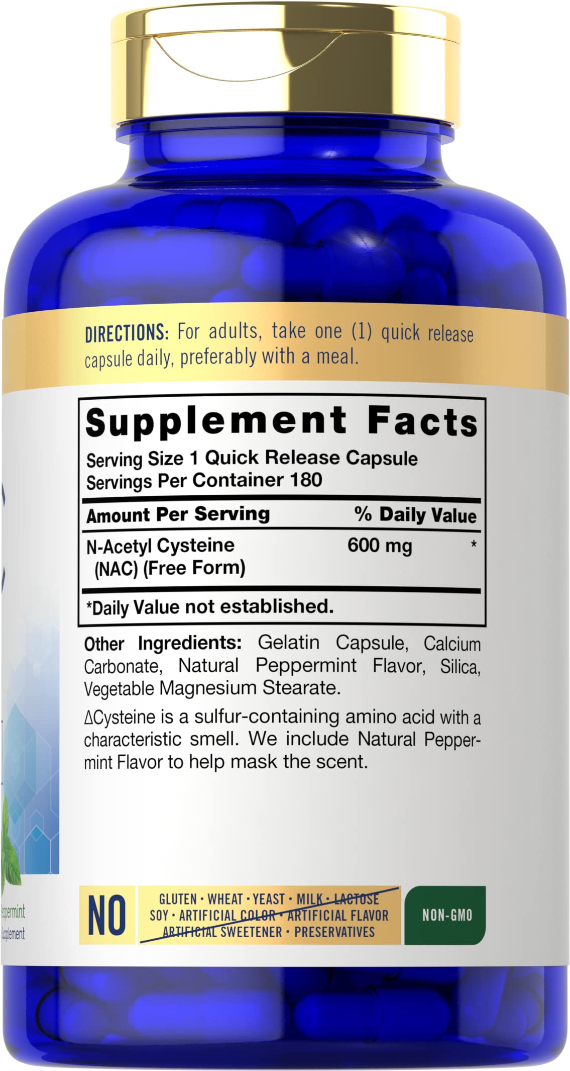 Carlyle N-Acetyl Cysteine 600mg capsules side view showing label