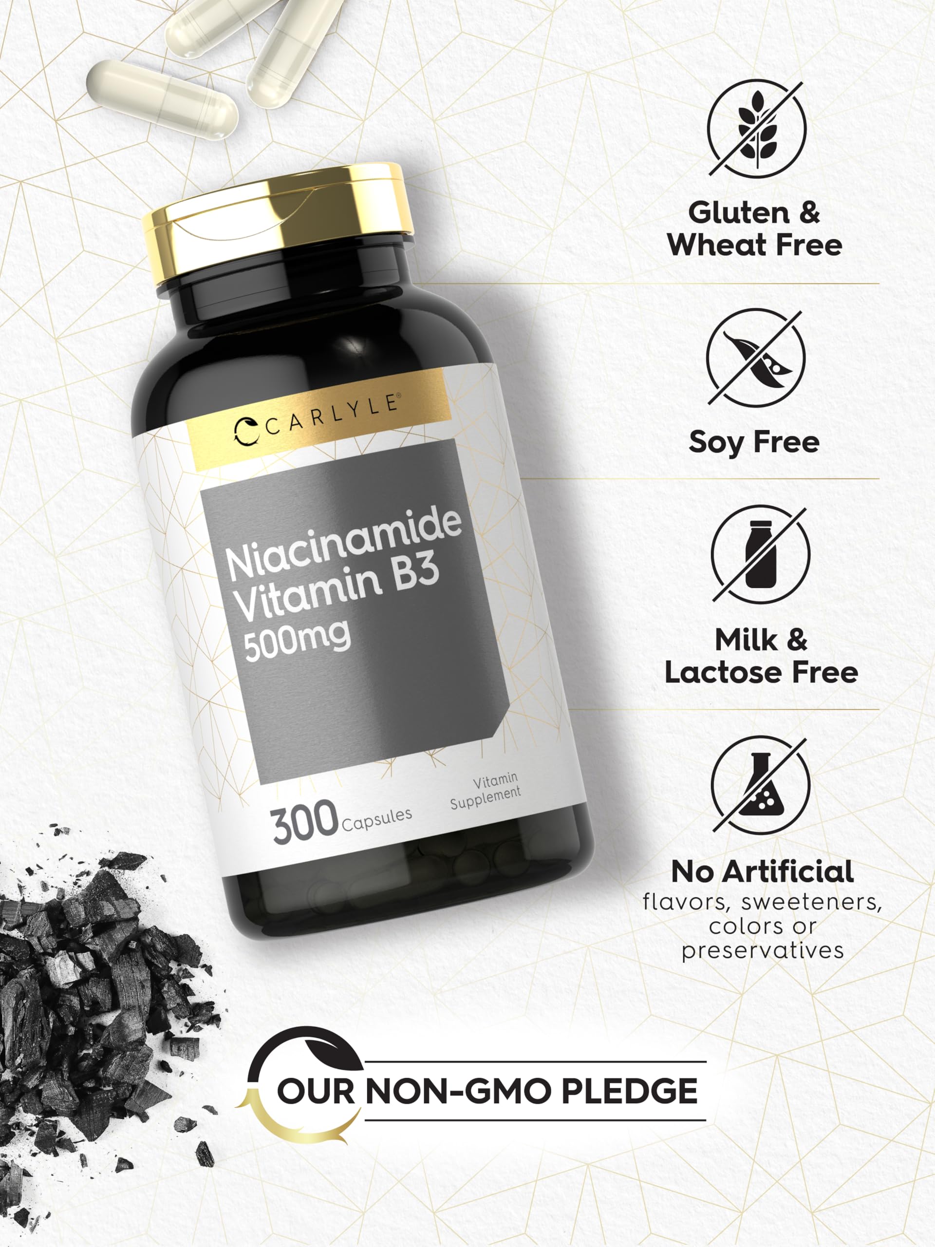 Carlyle Niacinamide bottle with nutrition facts